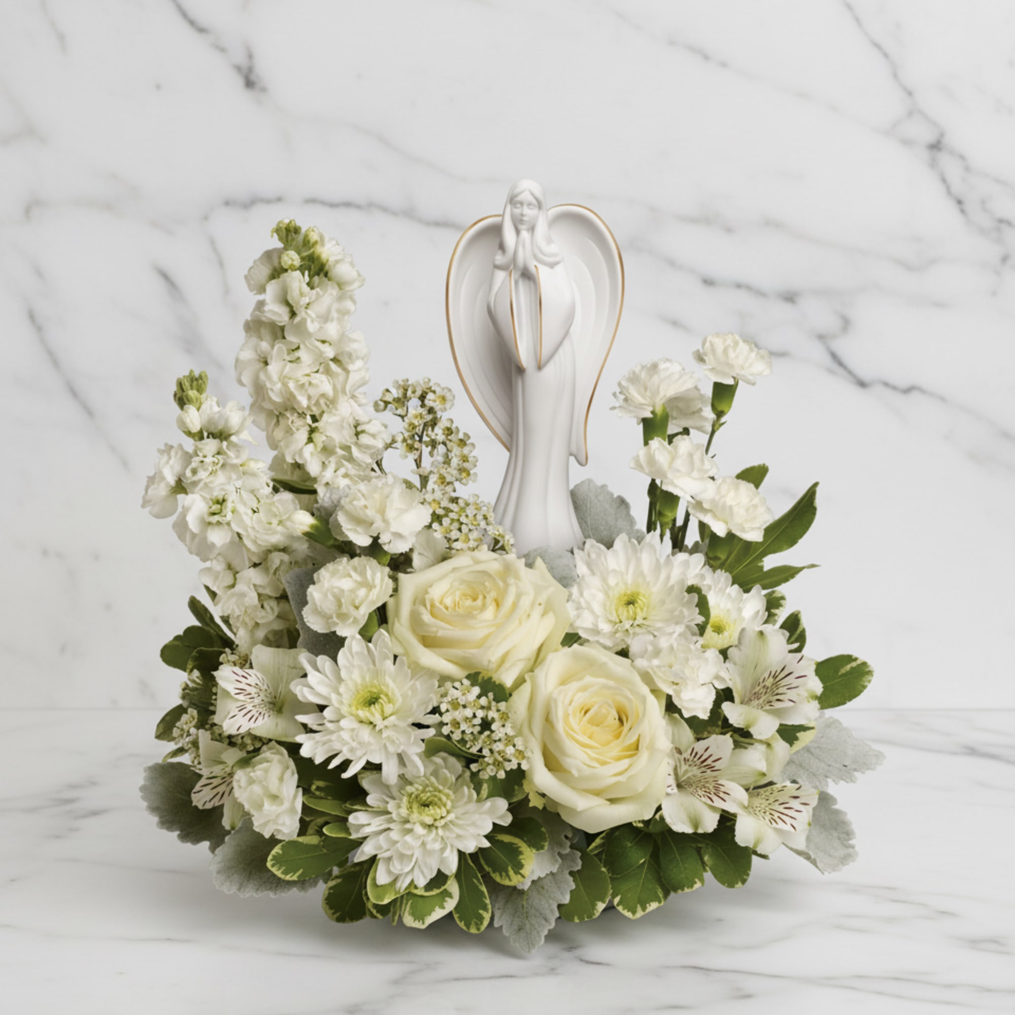 Peaceful and majestic, a graceful angel rests amongst fragrant, snow white roses