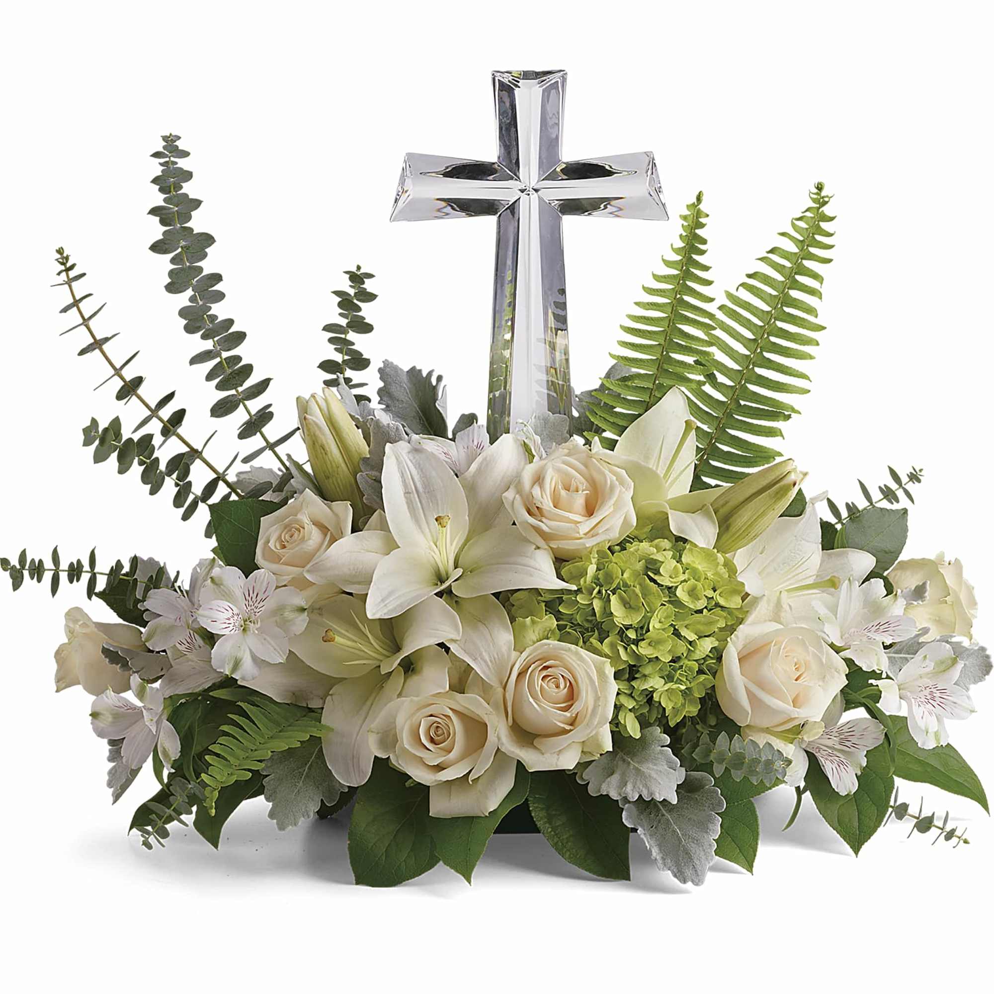 White floral arrangement with a clear cross centerpiece