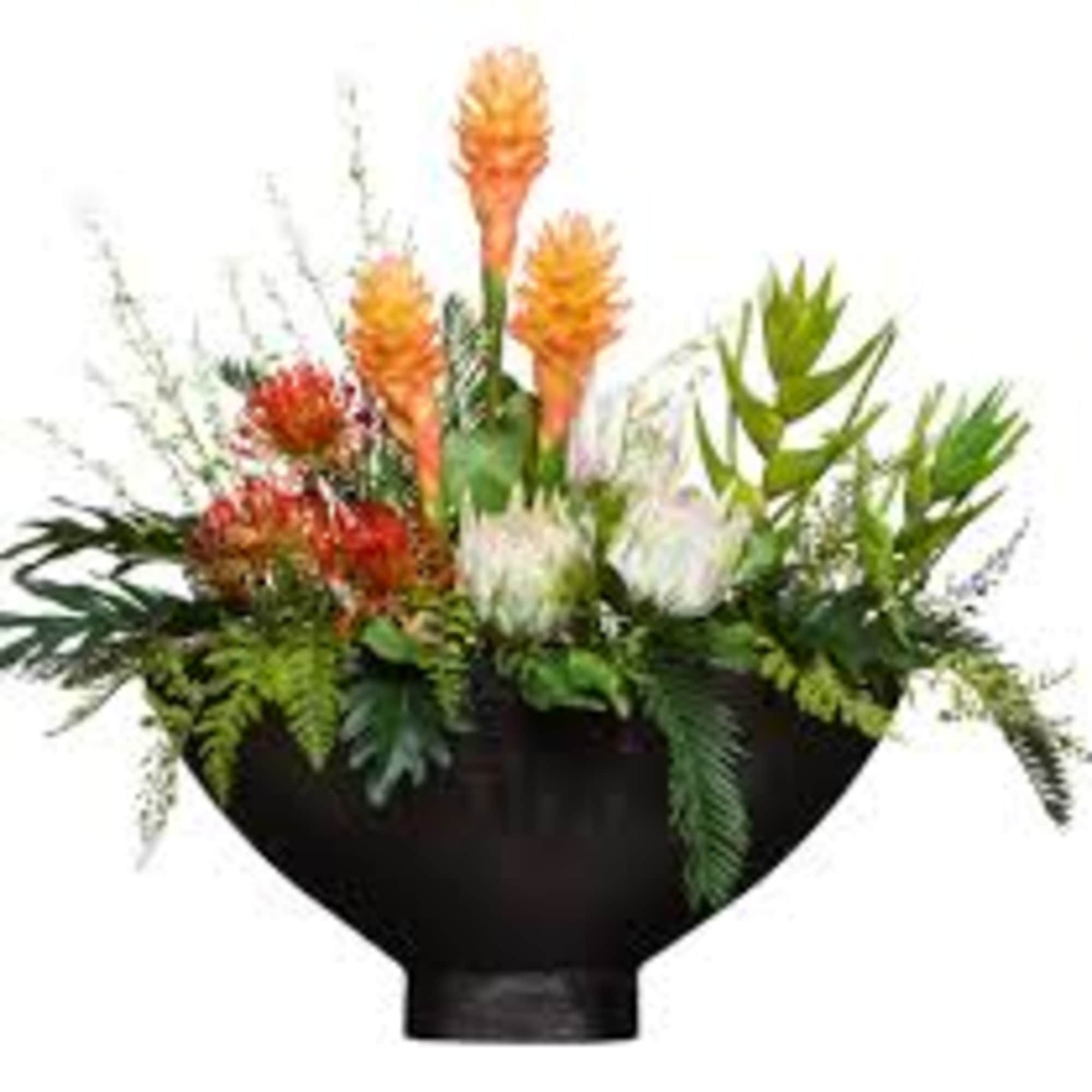 One  mixed tropical blooms and exotic foliage 