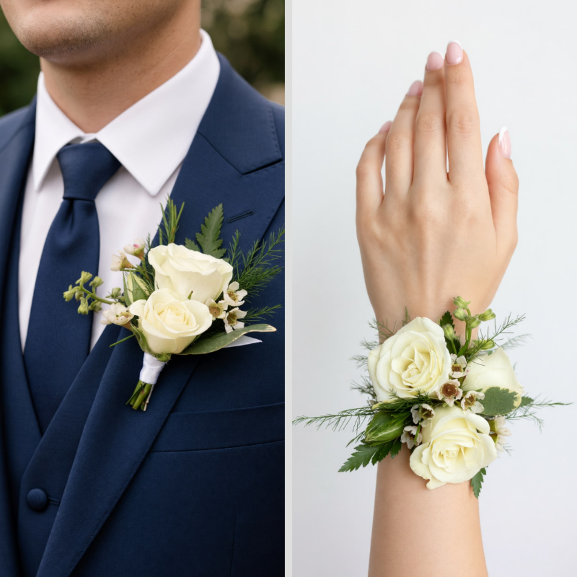 The Classic White Boutonniere consists primarily of white spray roses, with a