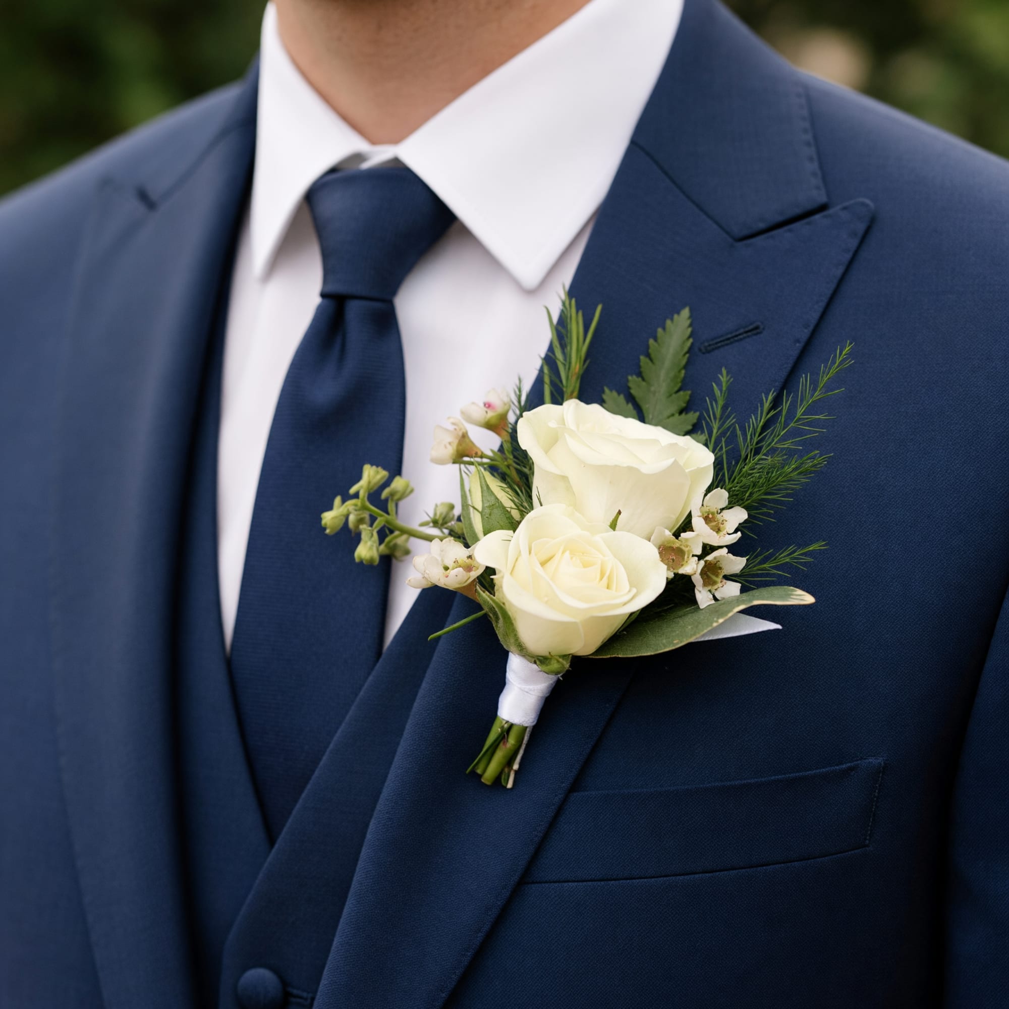 The Classic White Boutonniere consists primarily of white spray roses, with a