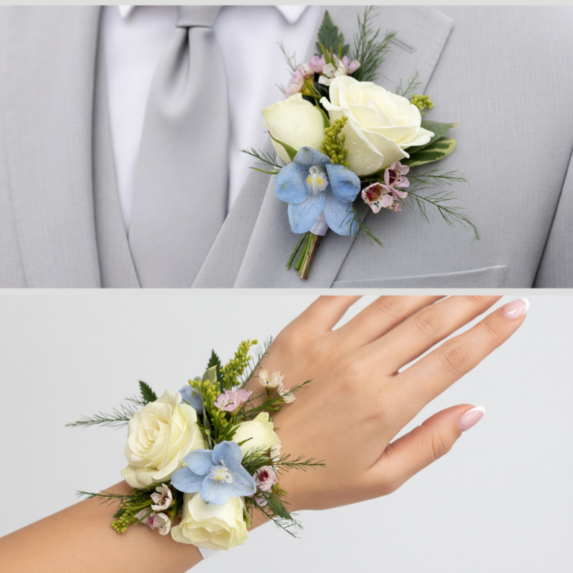 The Pastel Garden Boutonniere consists of primarily white spray roses with soft