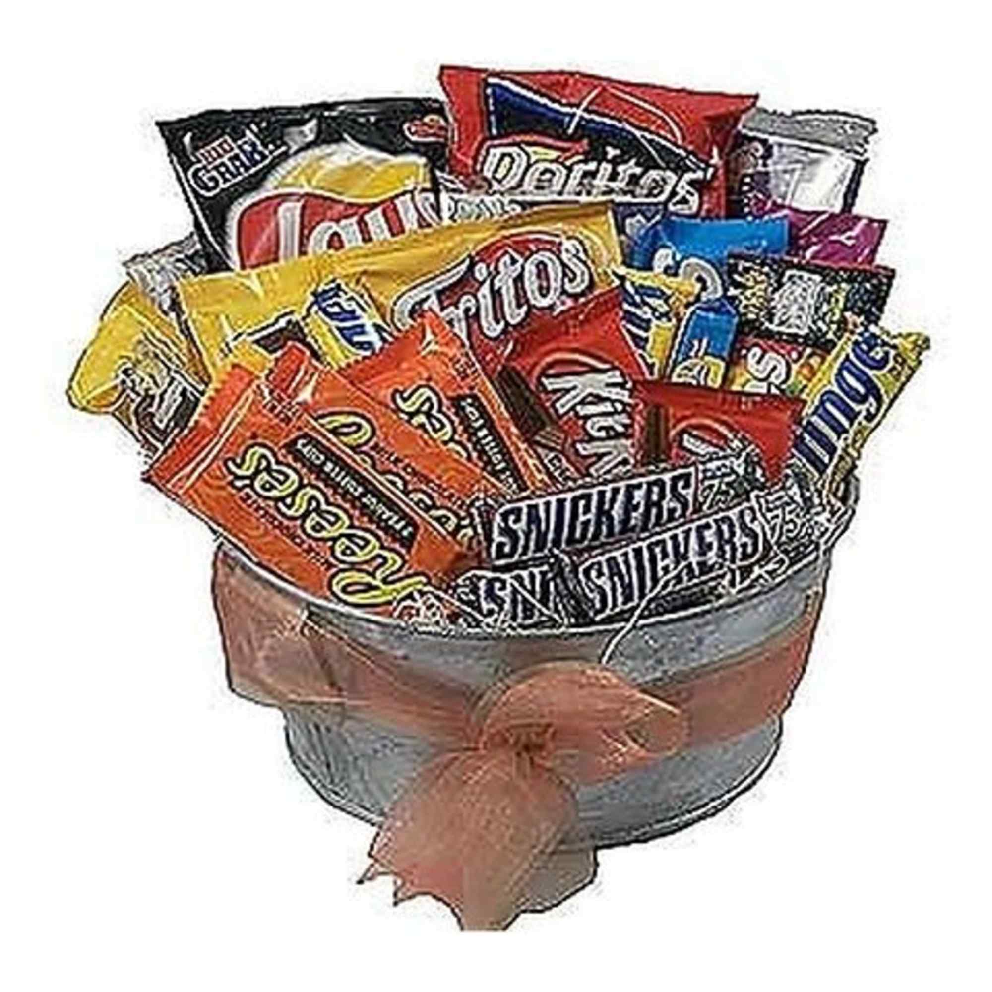 This basket is chalk full of goodies including candy bars, chips and