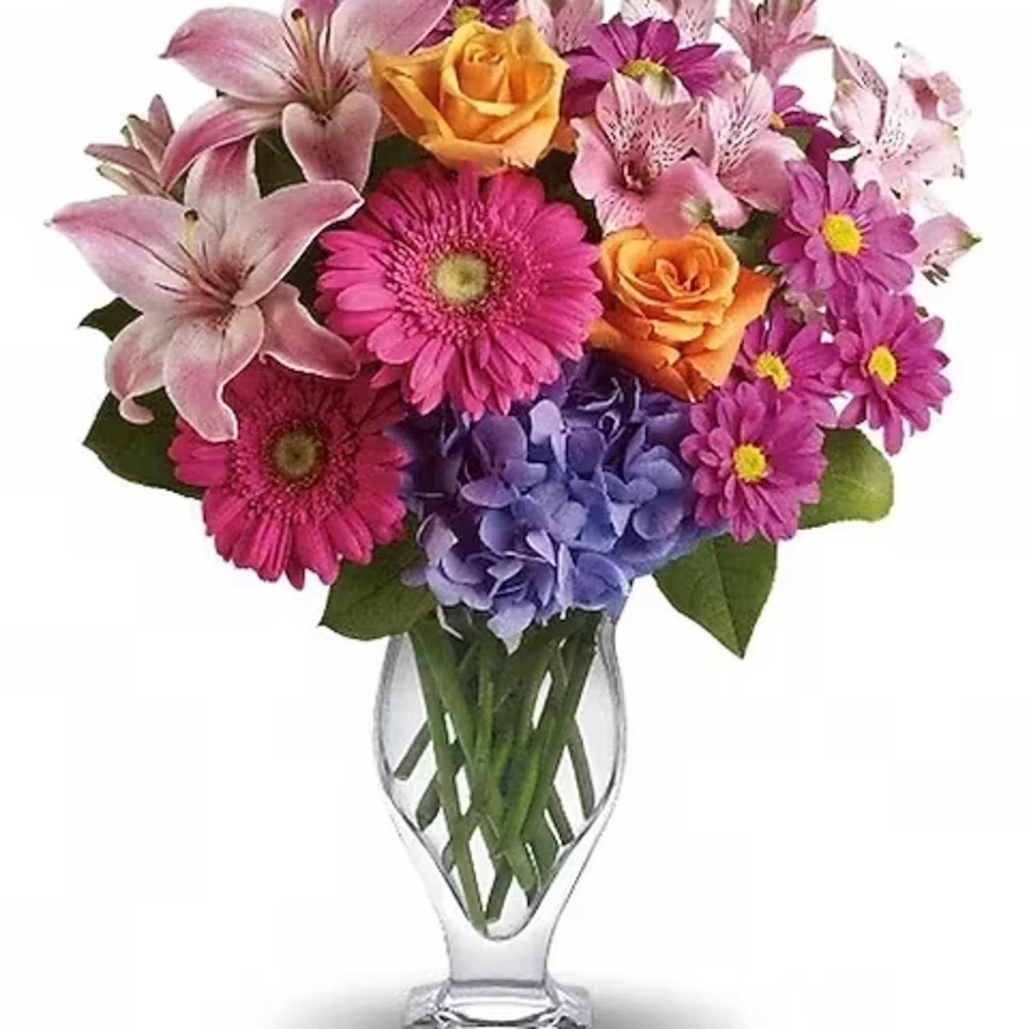 Featuring a wide, wondrous assortment of blooms in one bouquet, this colorful