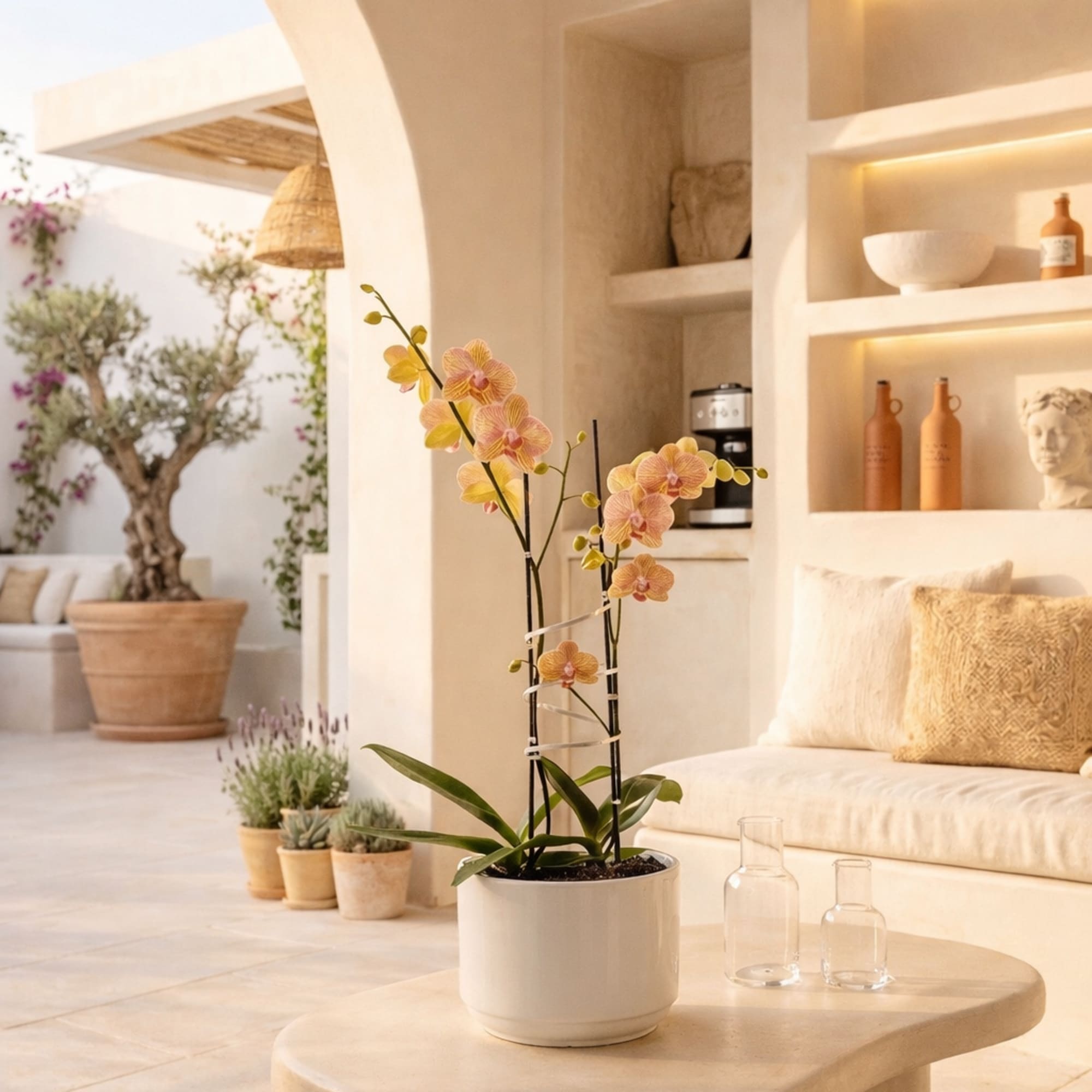 This elegant Double Peach Phalaenopsis Cascade orchid arrangement creates a striking vertical