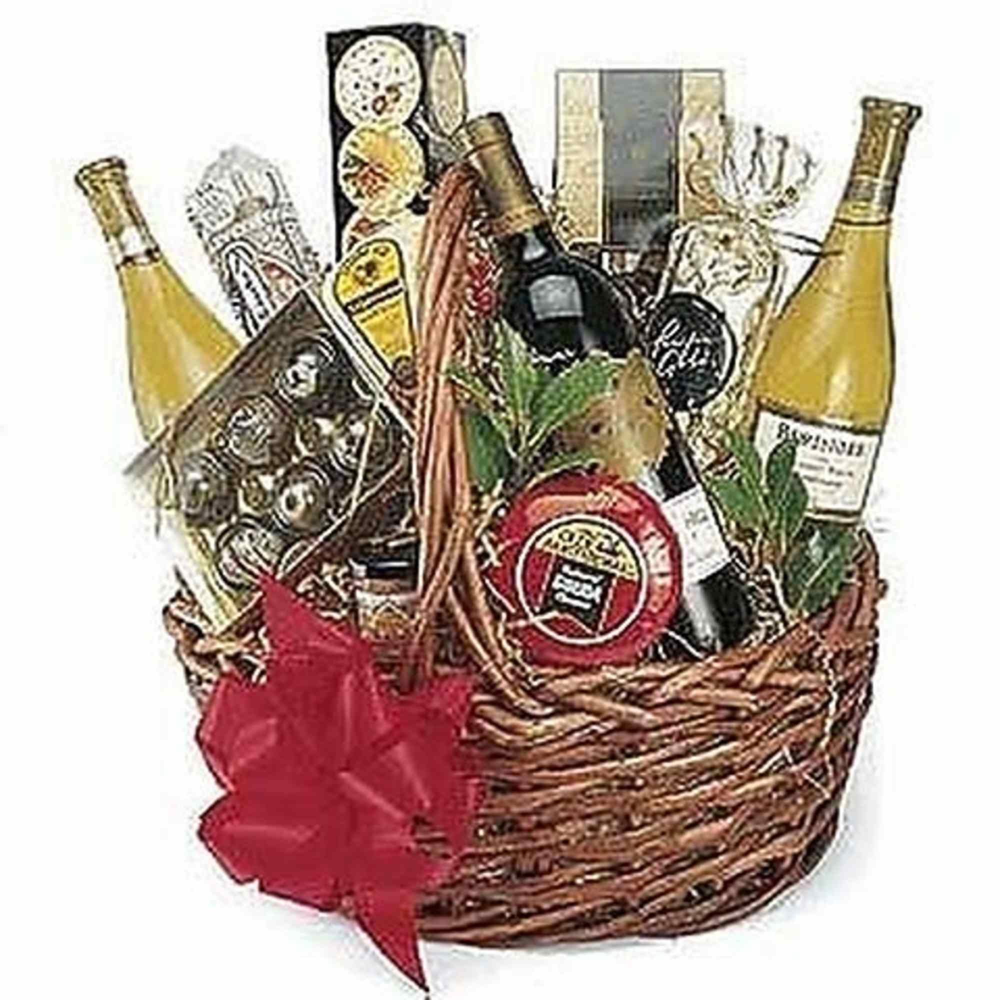 Three bottles of wine and some tasty gourmet cheeses and crackers is