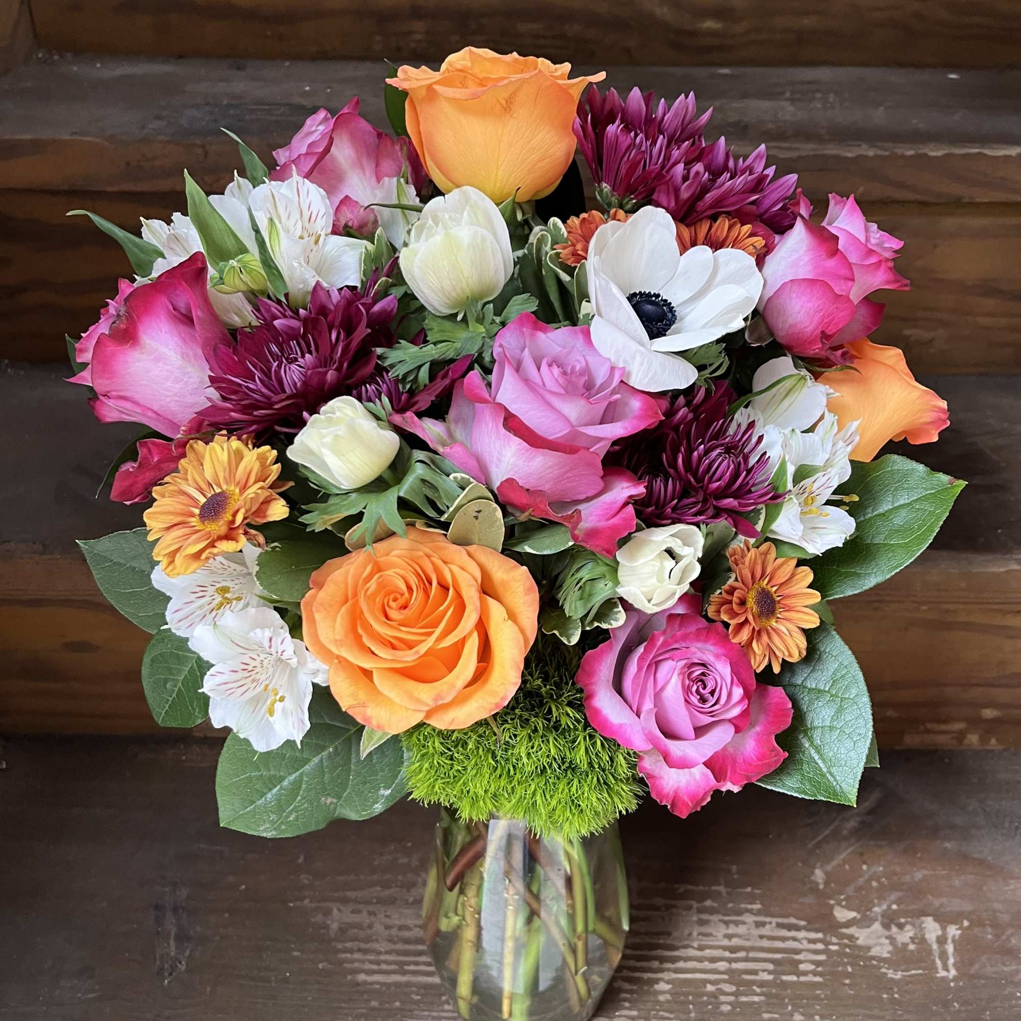 Bright Bouquet of Orange and Lavender Roses with Hot Pink Edges with