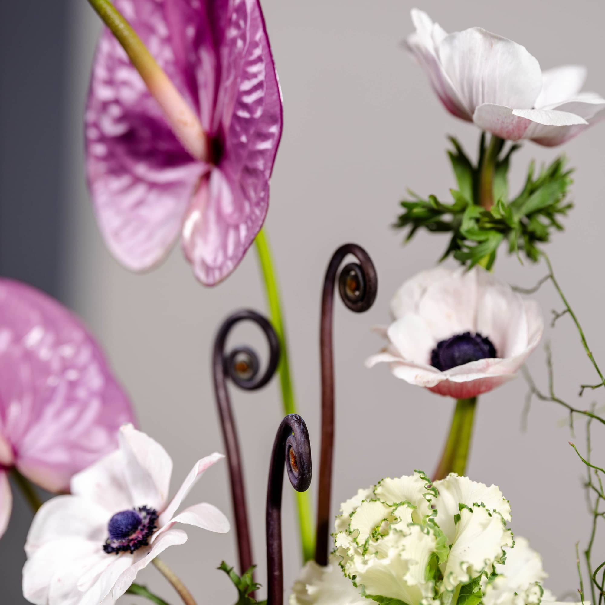 Arrangement with purple anthurium, white anemones, and ruffled white flowers