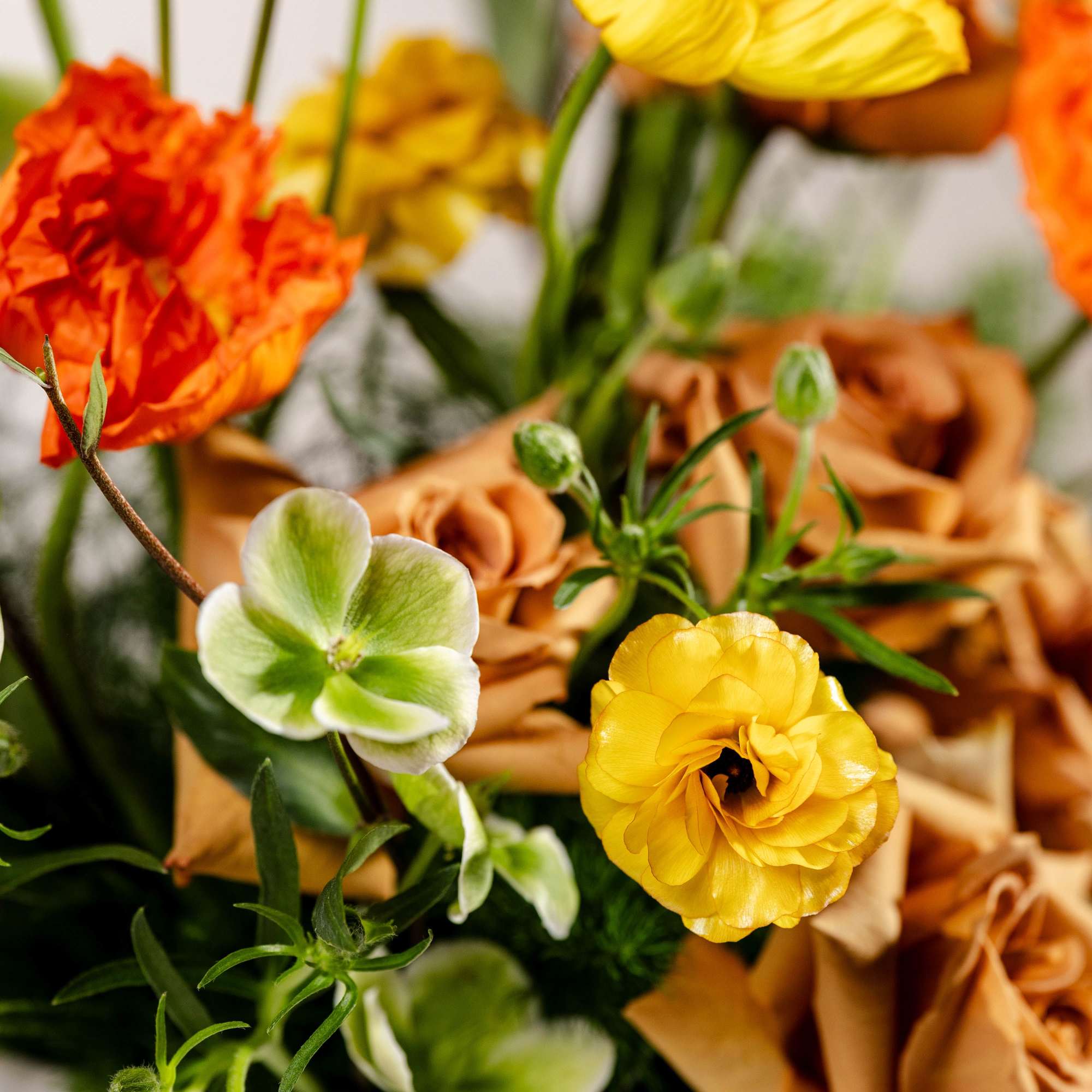 Orange and yellow flowers with tan roses in a close-up bouquet