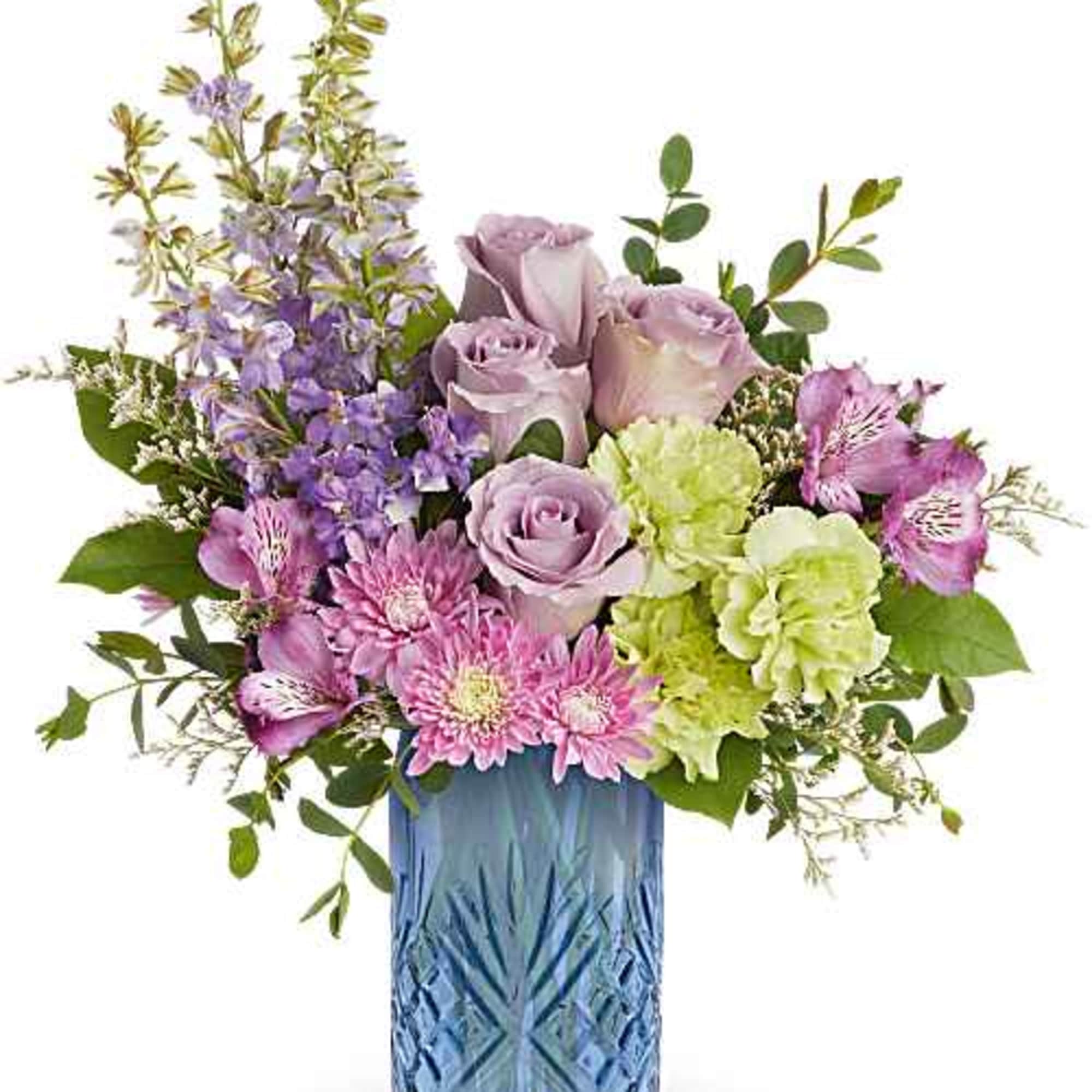 Blue Glass Vase with Larkspur, roses, alstroemeria, carnation,mums in Lavender and Greens