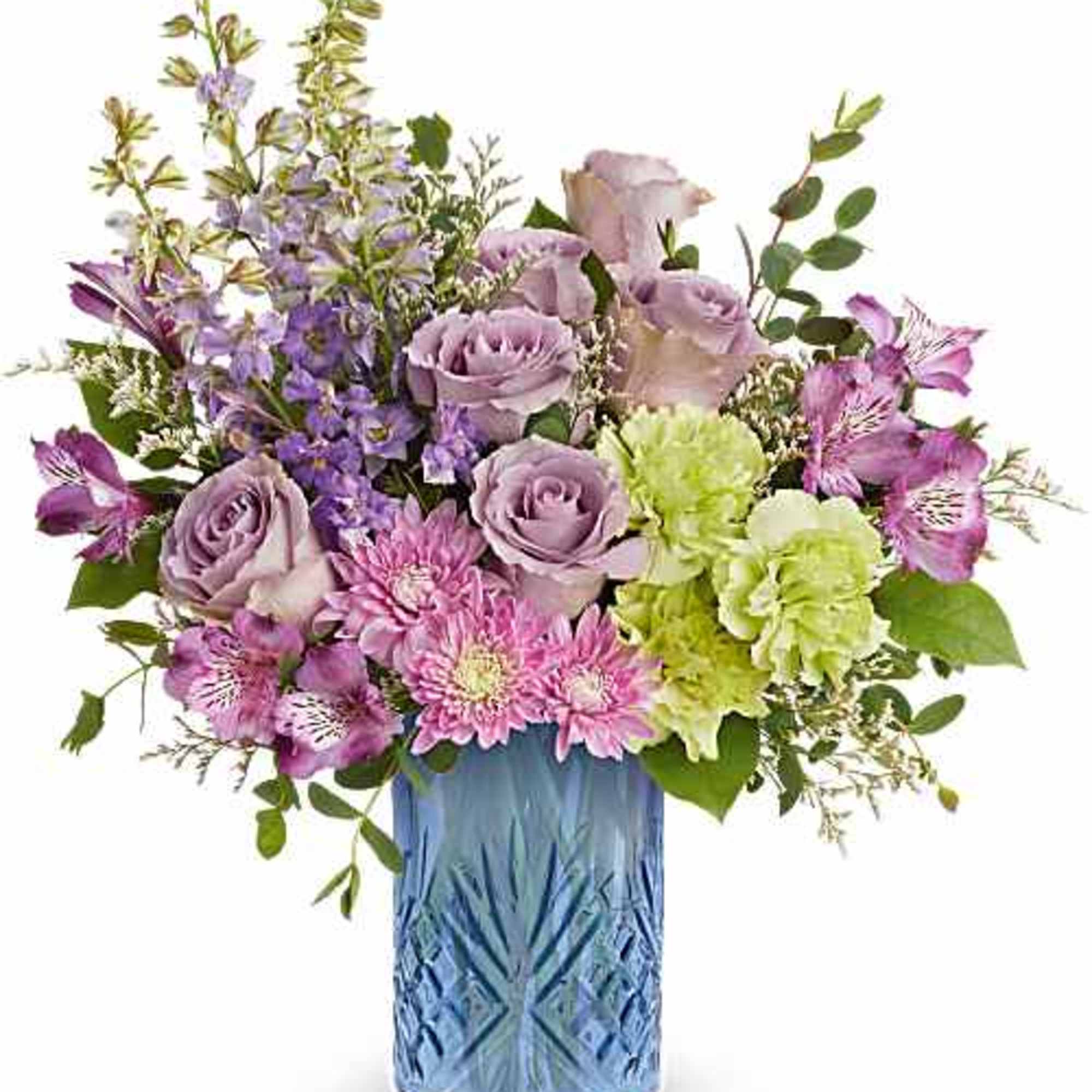 Blue Glass Vase with Larkspur, roses, alstroemeria, carnation,mums in Lavender and Greens
