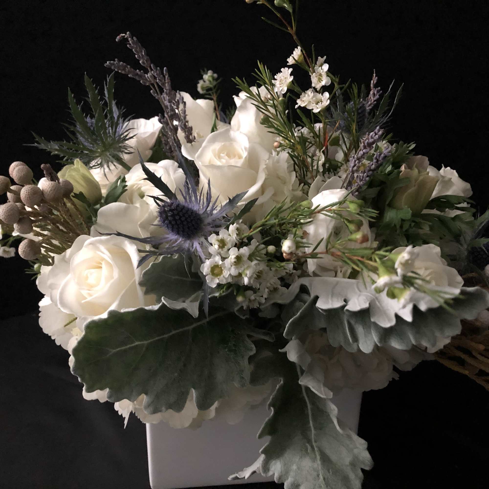  ***No specific delivery time available.****
You can expect white hydrangeas, roses, stock