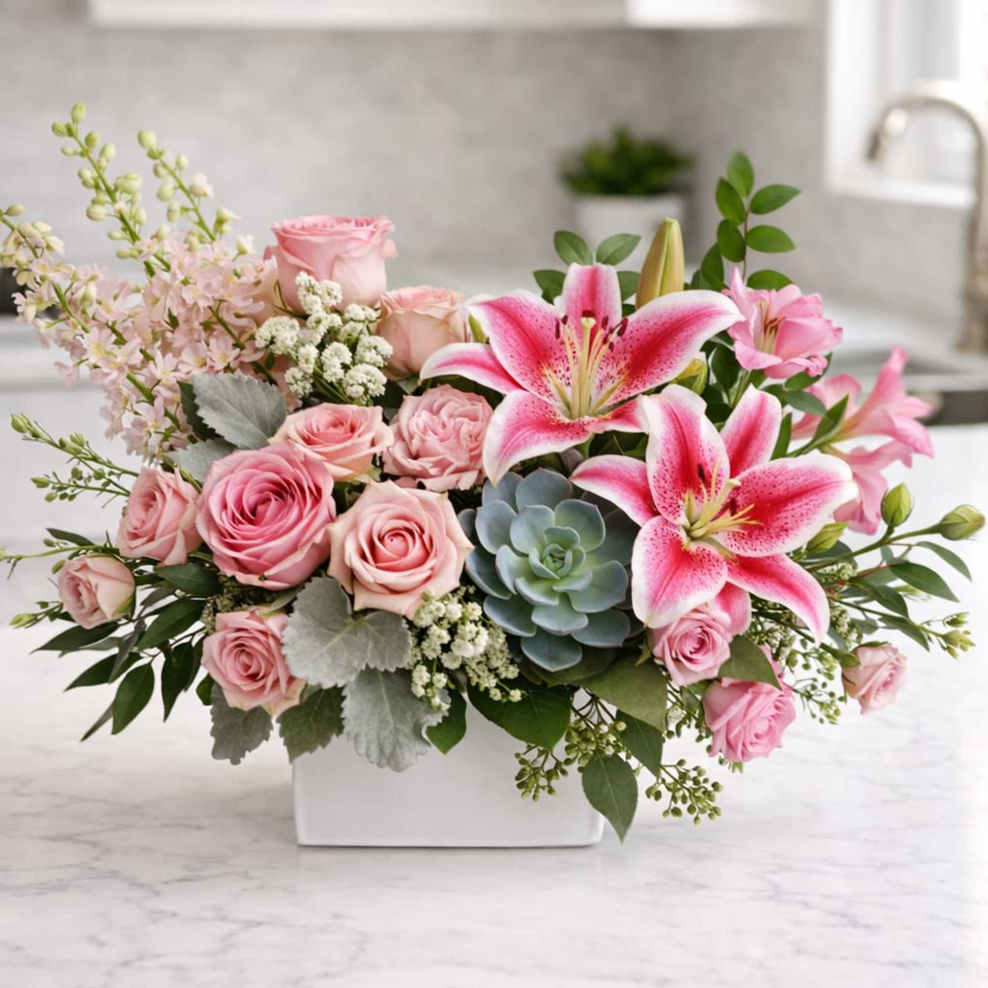 Pink roses and lilies arranged in a white rectangular vase