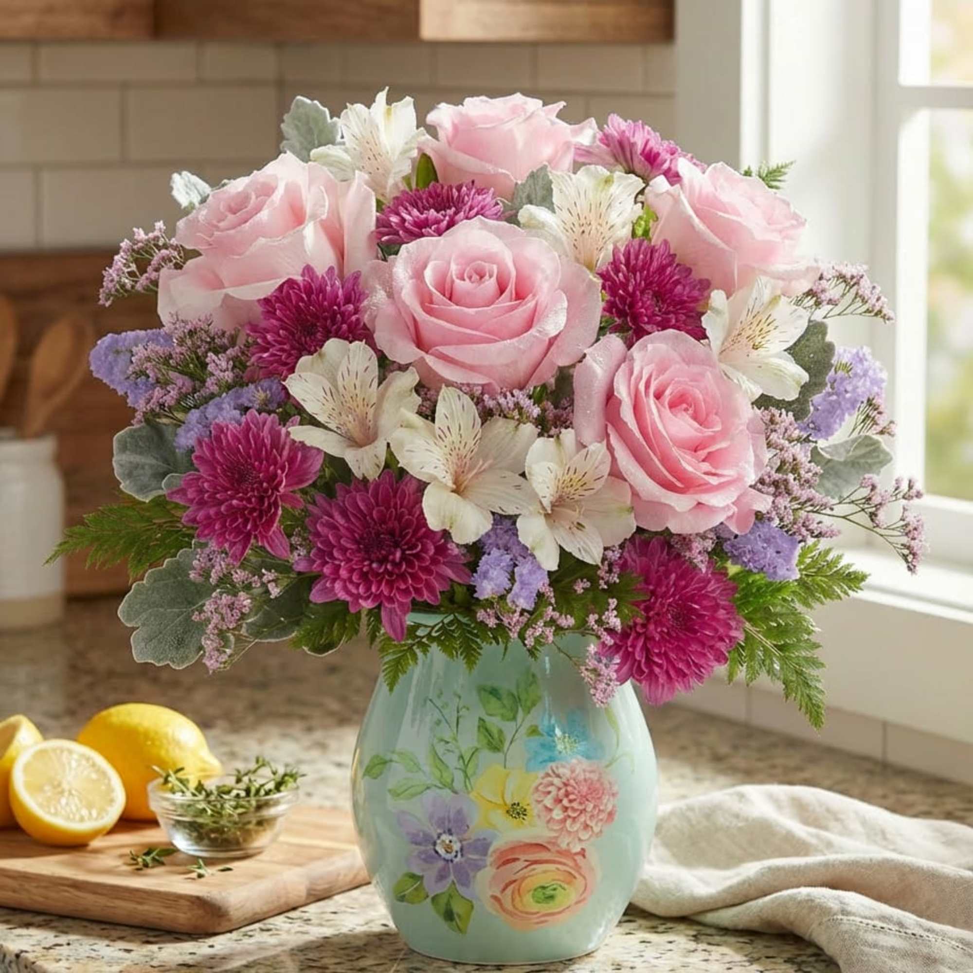 Pink roses and purple flowers arranged in a painted ceramic vase