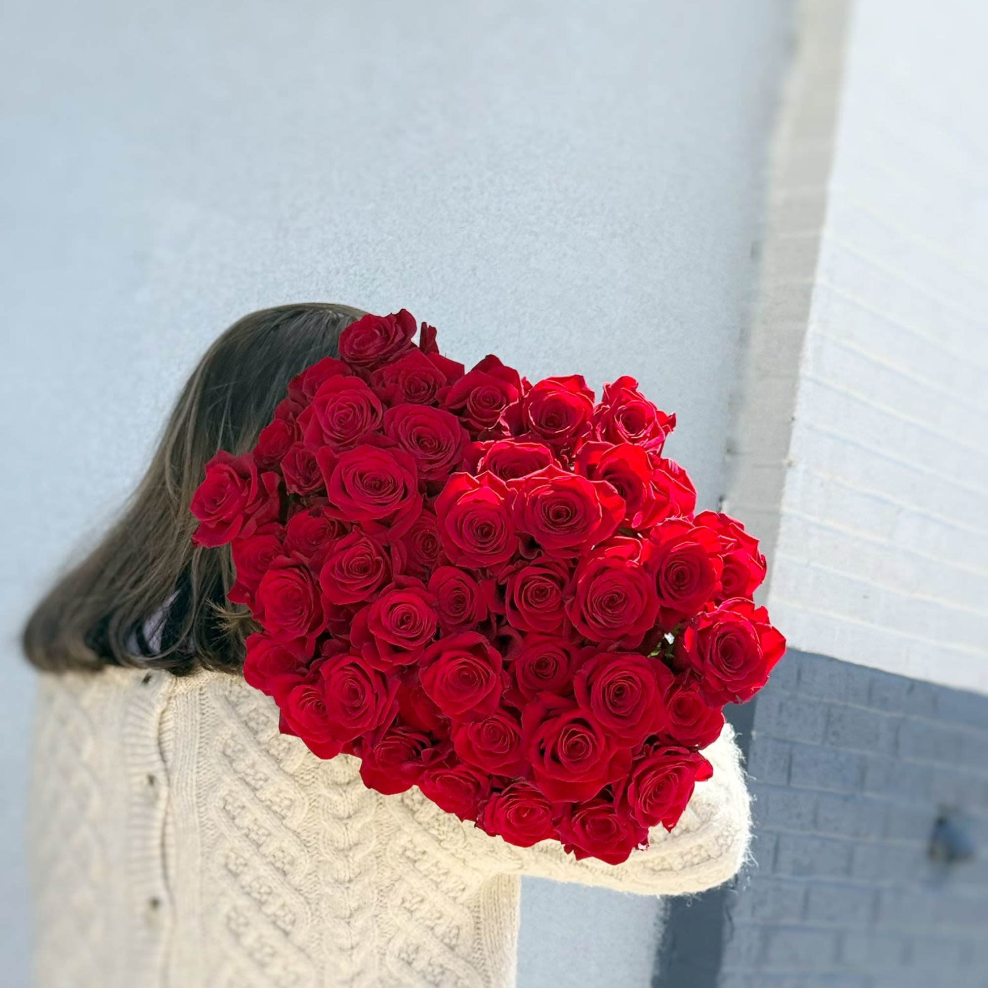 Large bouquet of red roses held by a person in a white sweater