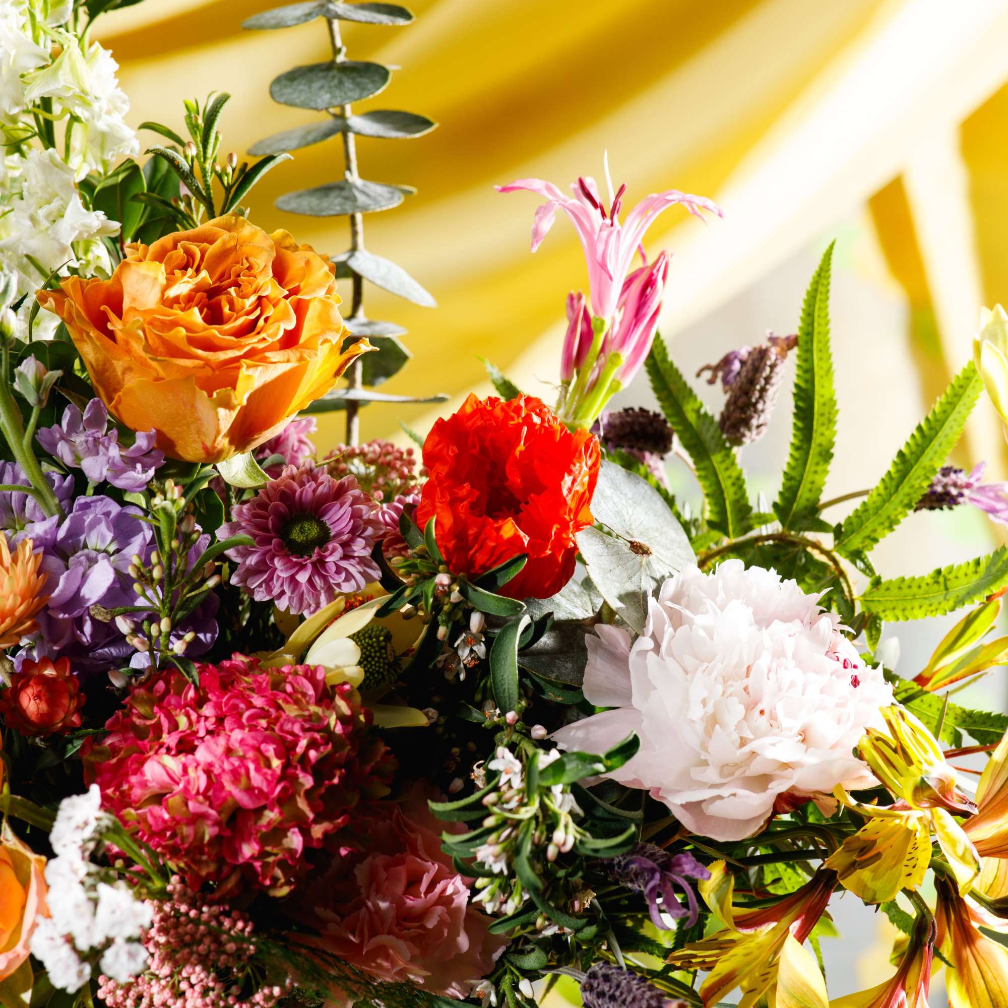 Colorful mixed bouquet with orange rose, pink peony, red blooms, and yellow alstroemeria in a peach vase.