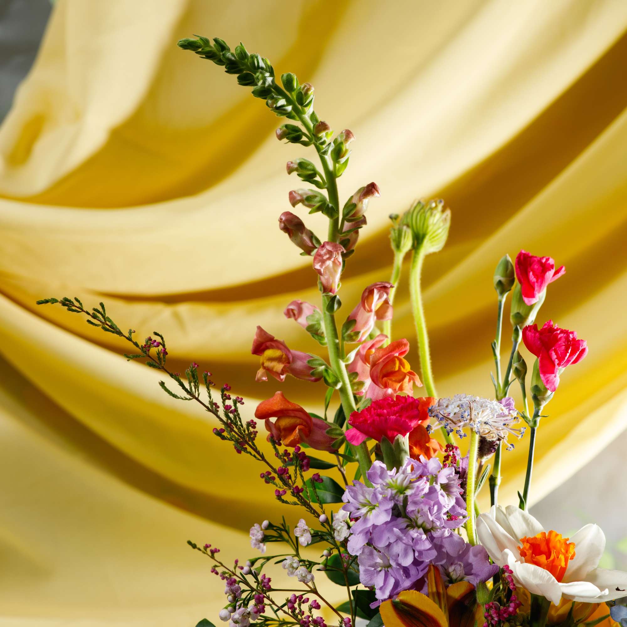Bright mixed bouquet of yellow, pink, purple, and white flowers against a draped yellow fabric backdrop