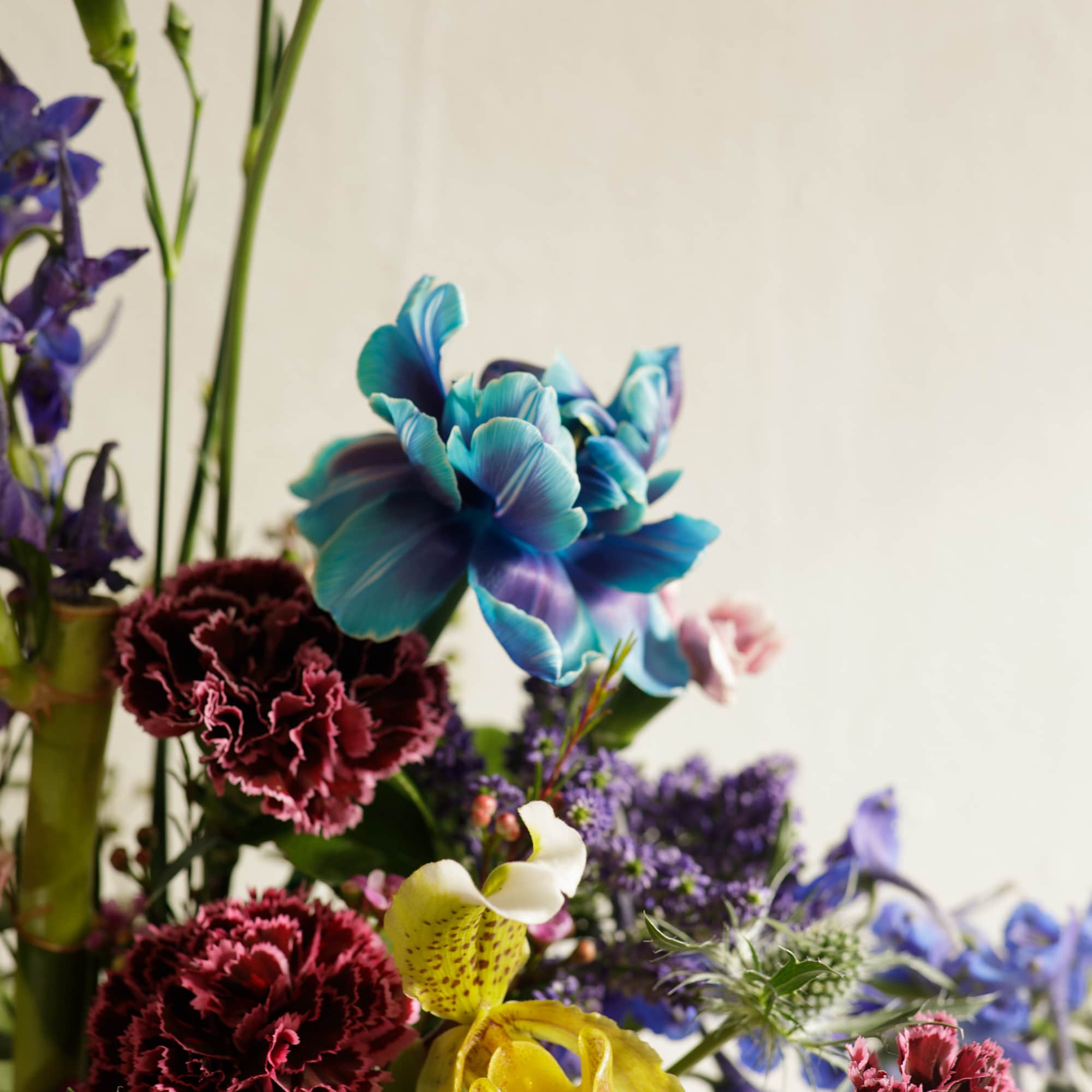 Colorful arrangement with blue focal flower, burgundy carnations, yellow orchid, and mixed purple blooms.