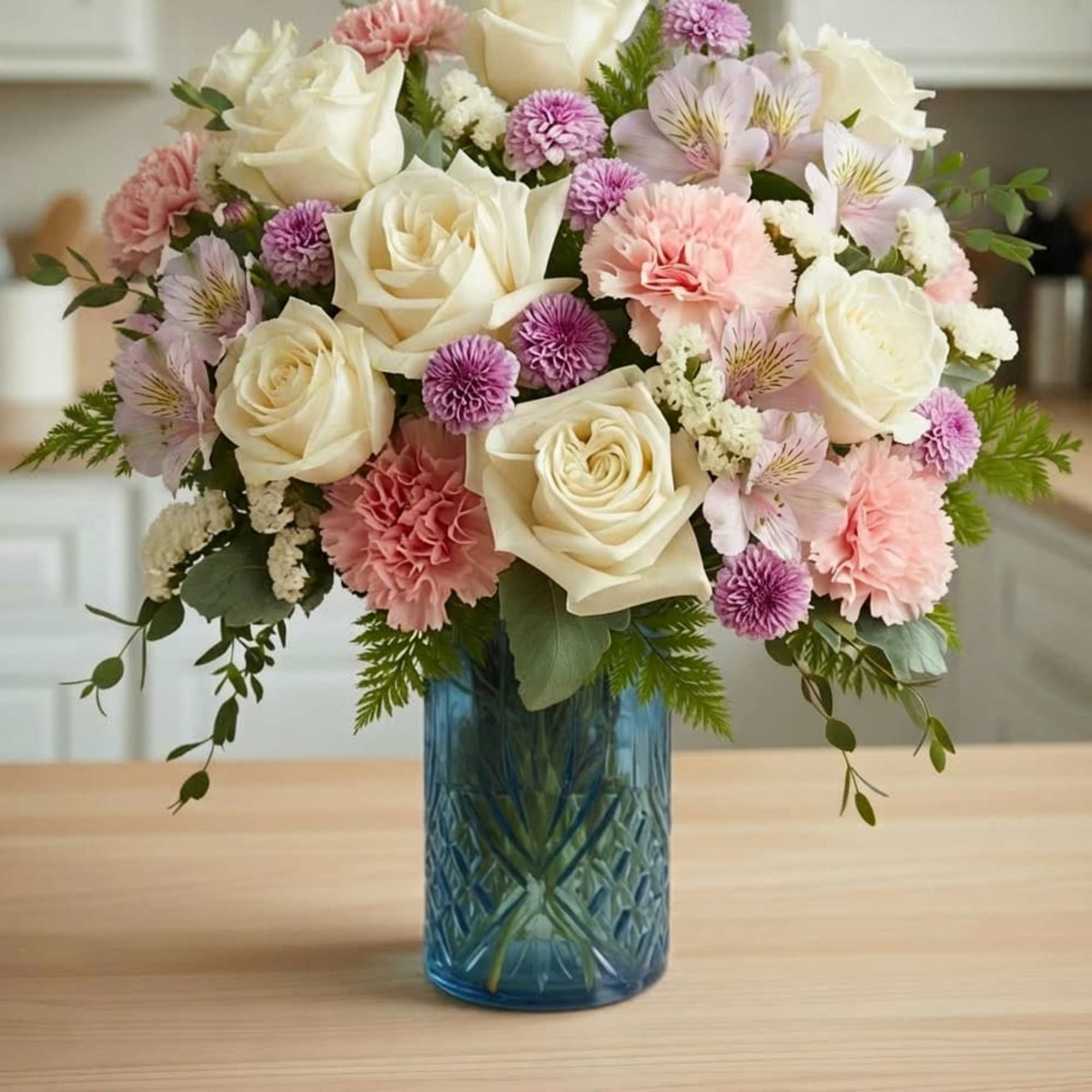 Bouquet of white roses, pink carnations, and purple blooms in a blue glass vase