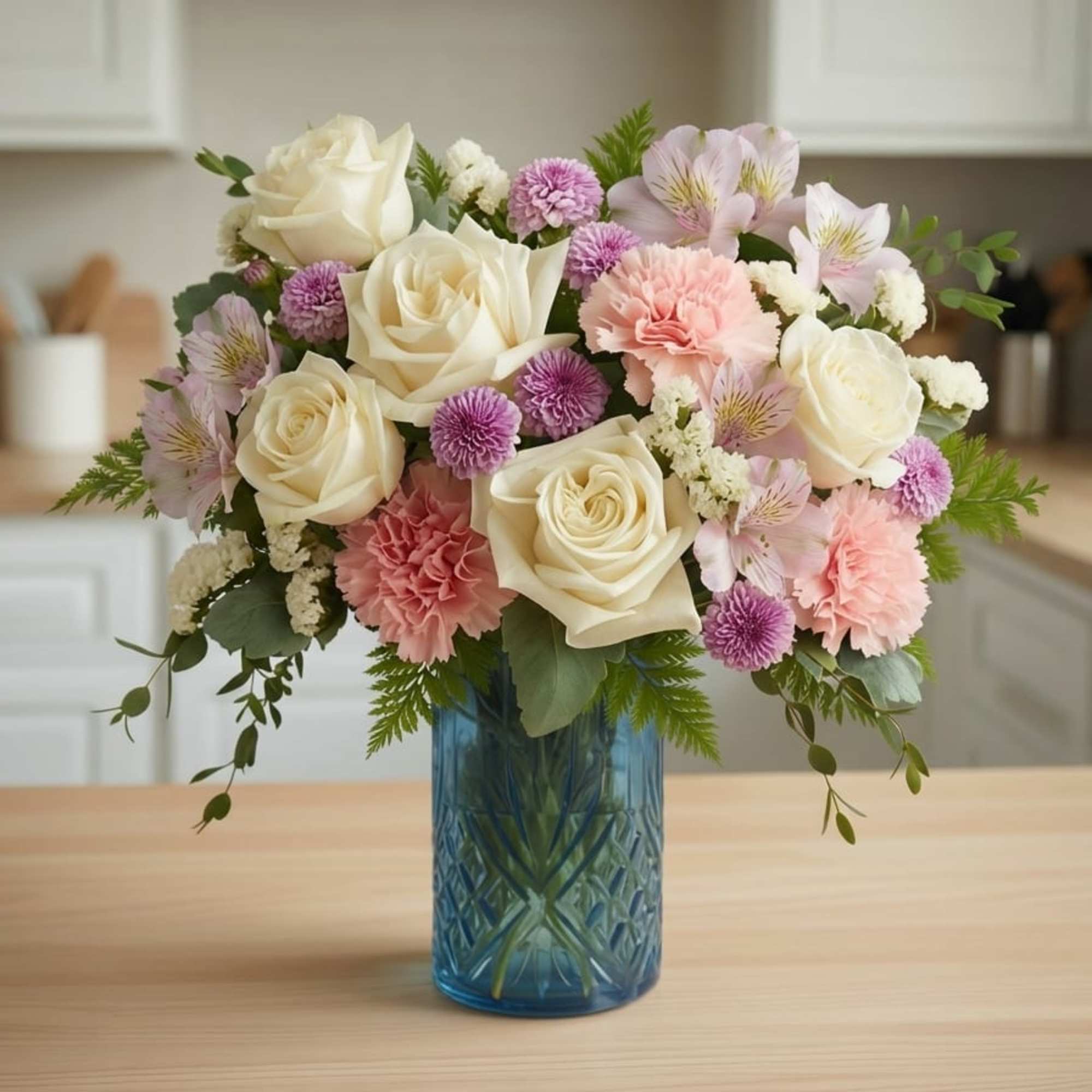 Mixed bouquet of cream roses, pink carnations, and purple blooms in a blue glass vase