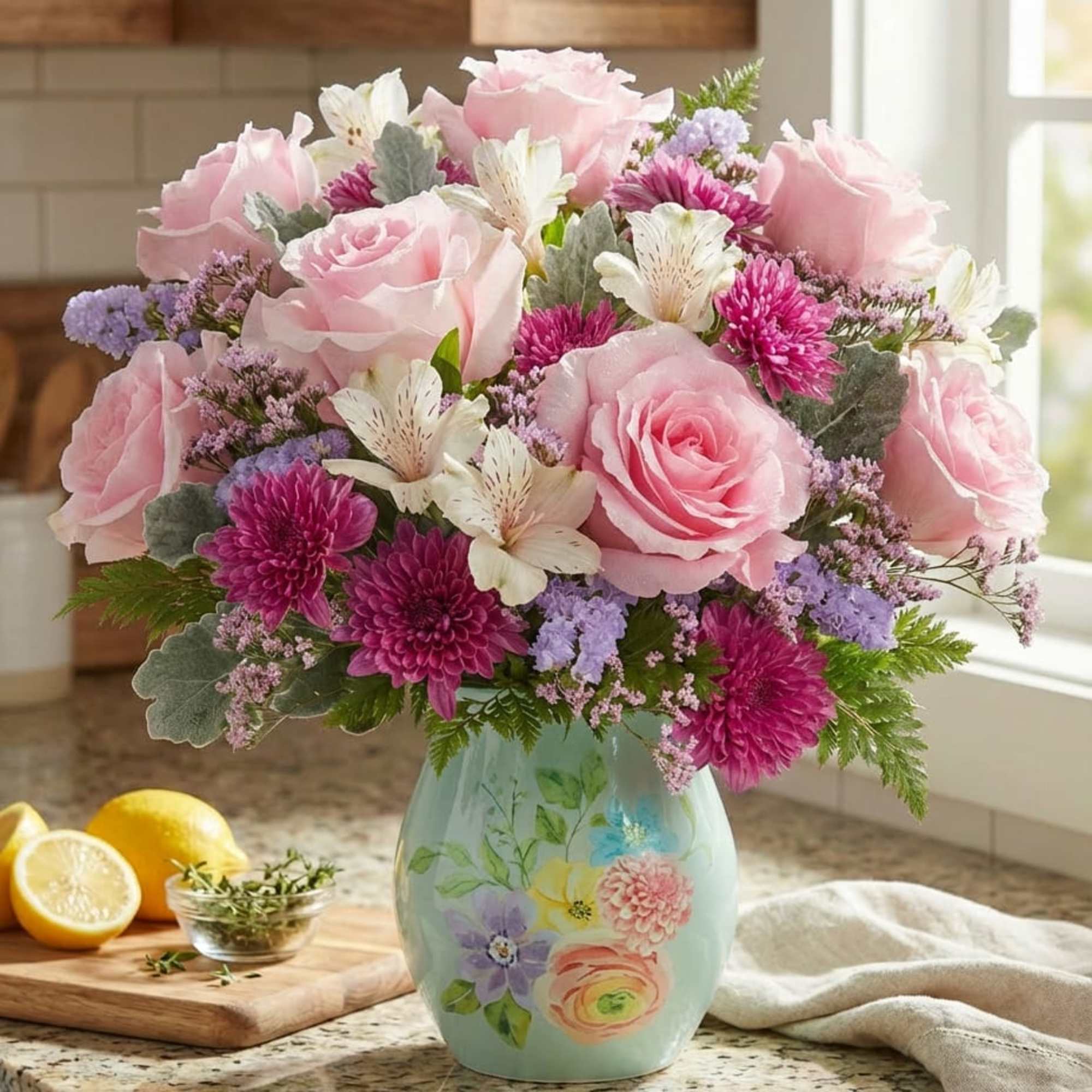 Pink roses and purple flowers arranged in a painted ceramic vase