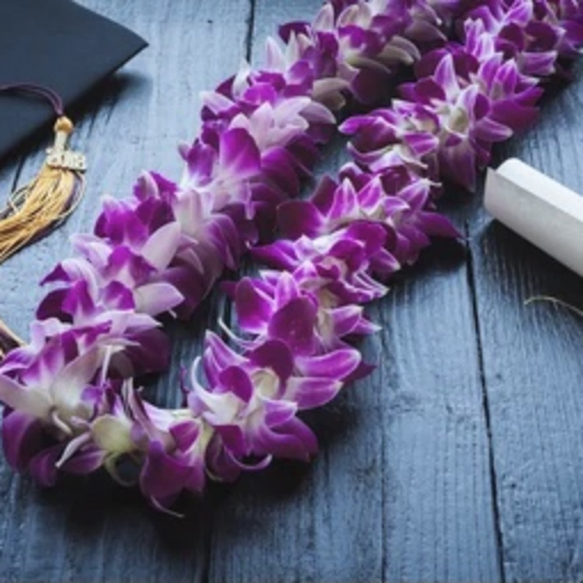 Purple orchid lei with graduation cap and diploma