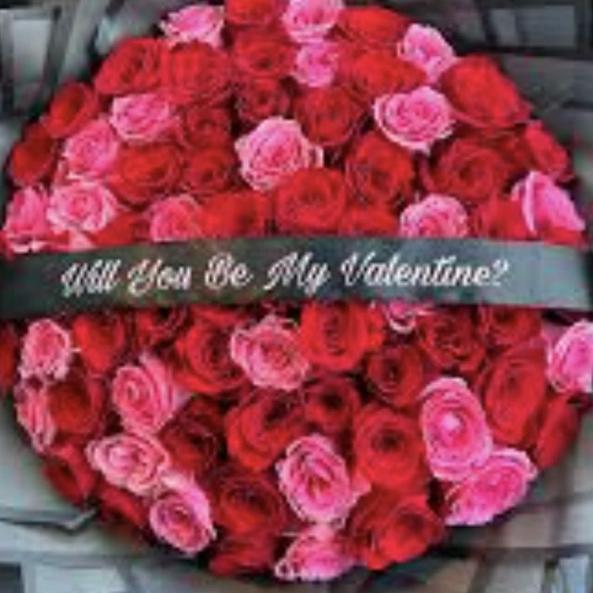 Heart-shaped bouquet of red and pink roses with a Valentine ribbon