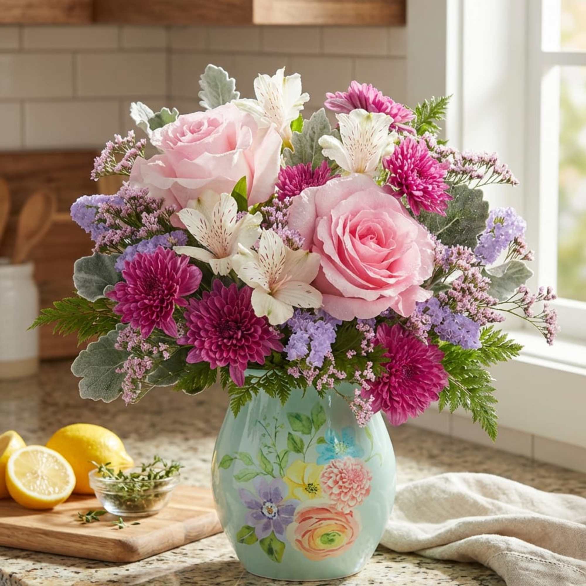 Pink roses and purple flowers arranged in a painted vase