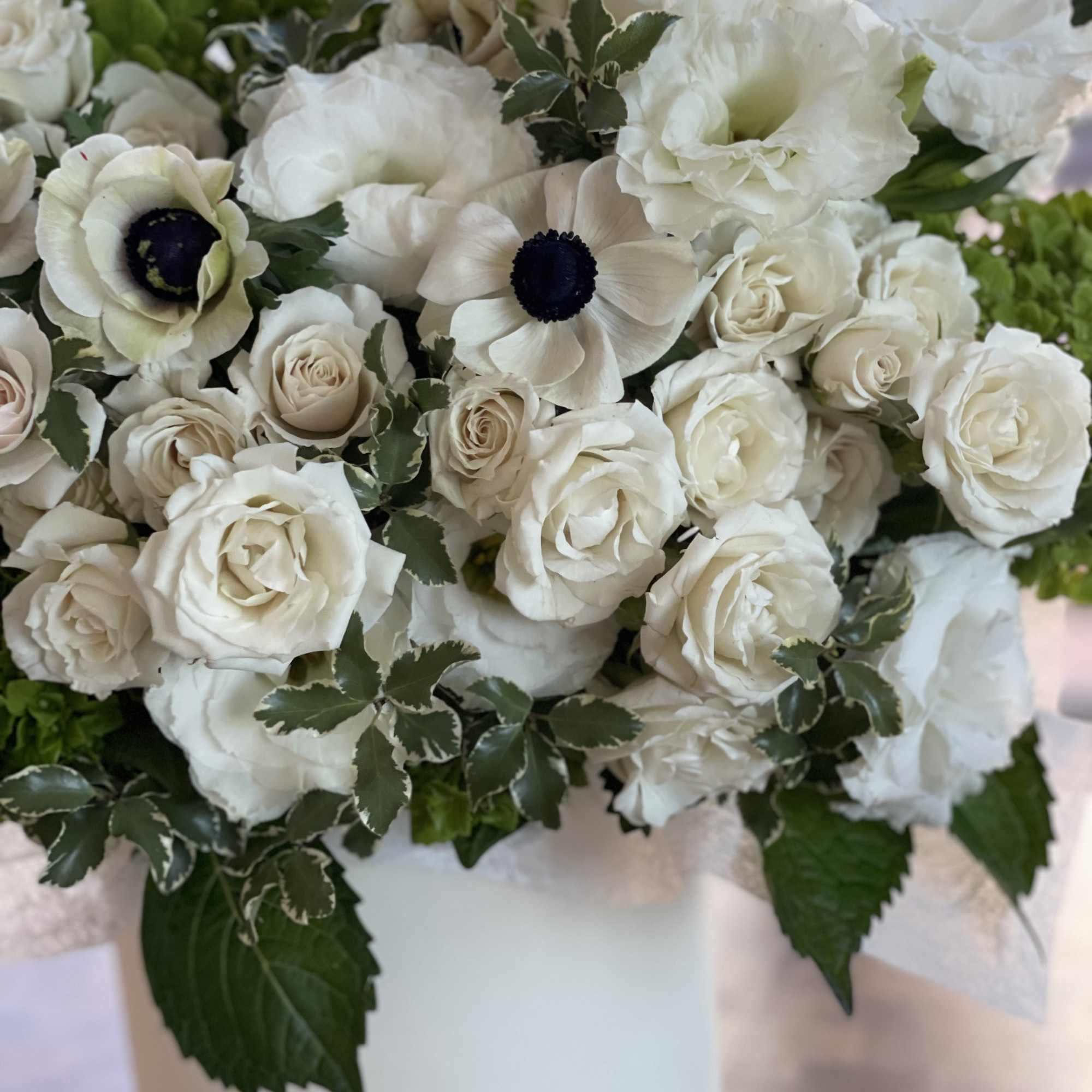 Box N.3 Green hydrangea with garden roses and amazing anemones
