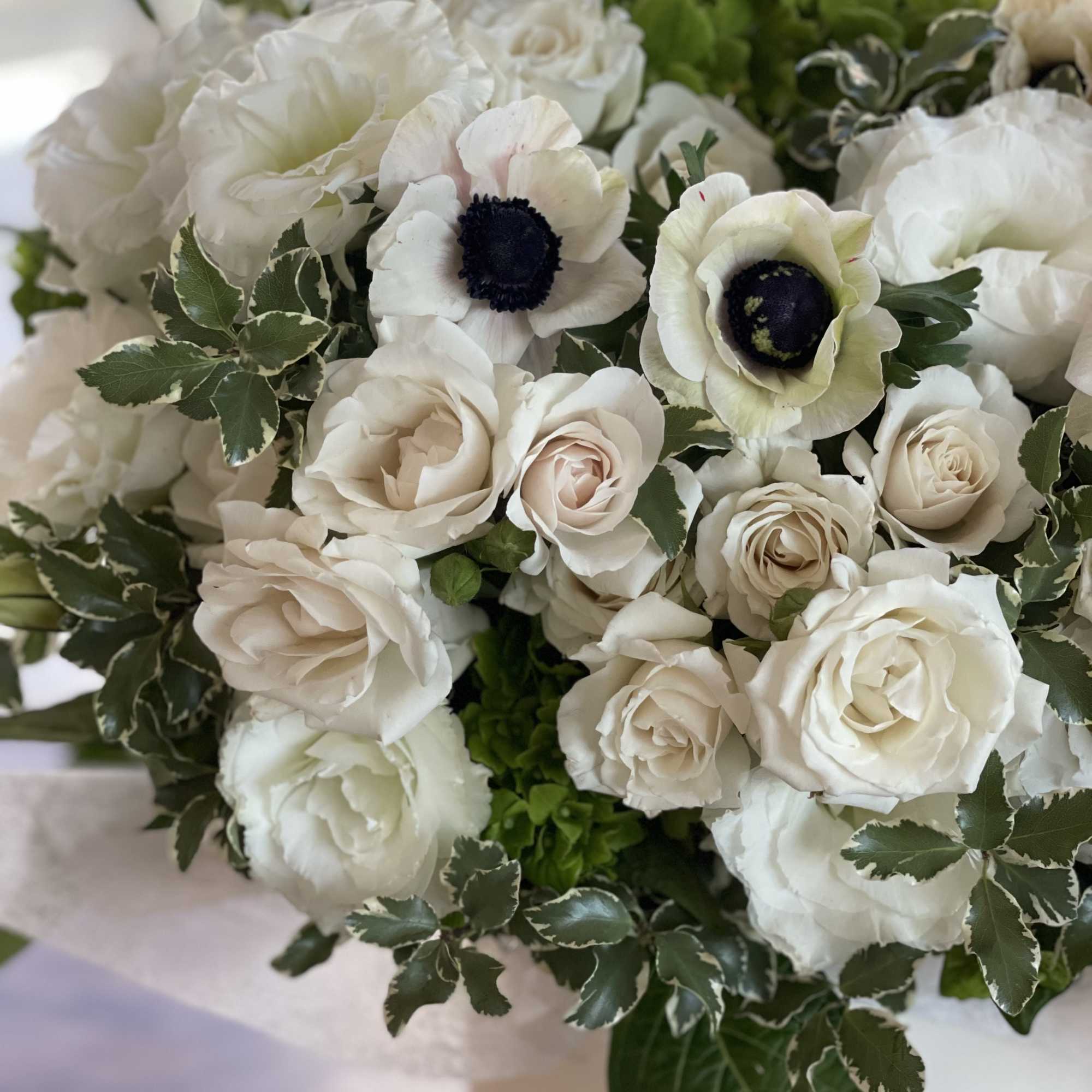Box N.3 Green hydrangea with garden roses and amazing anemones
