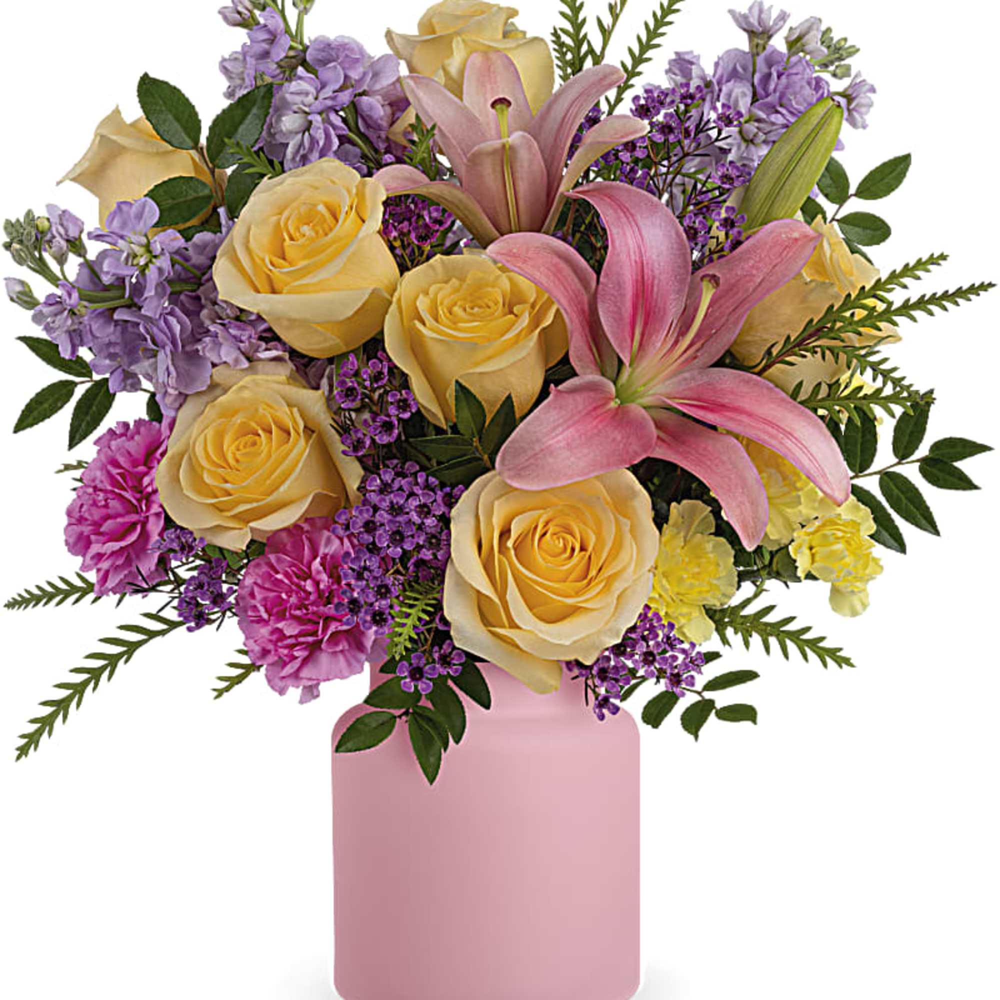 Pink lilies and yellow roses in a pink vase