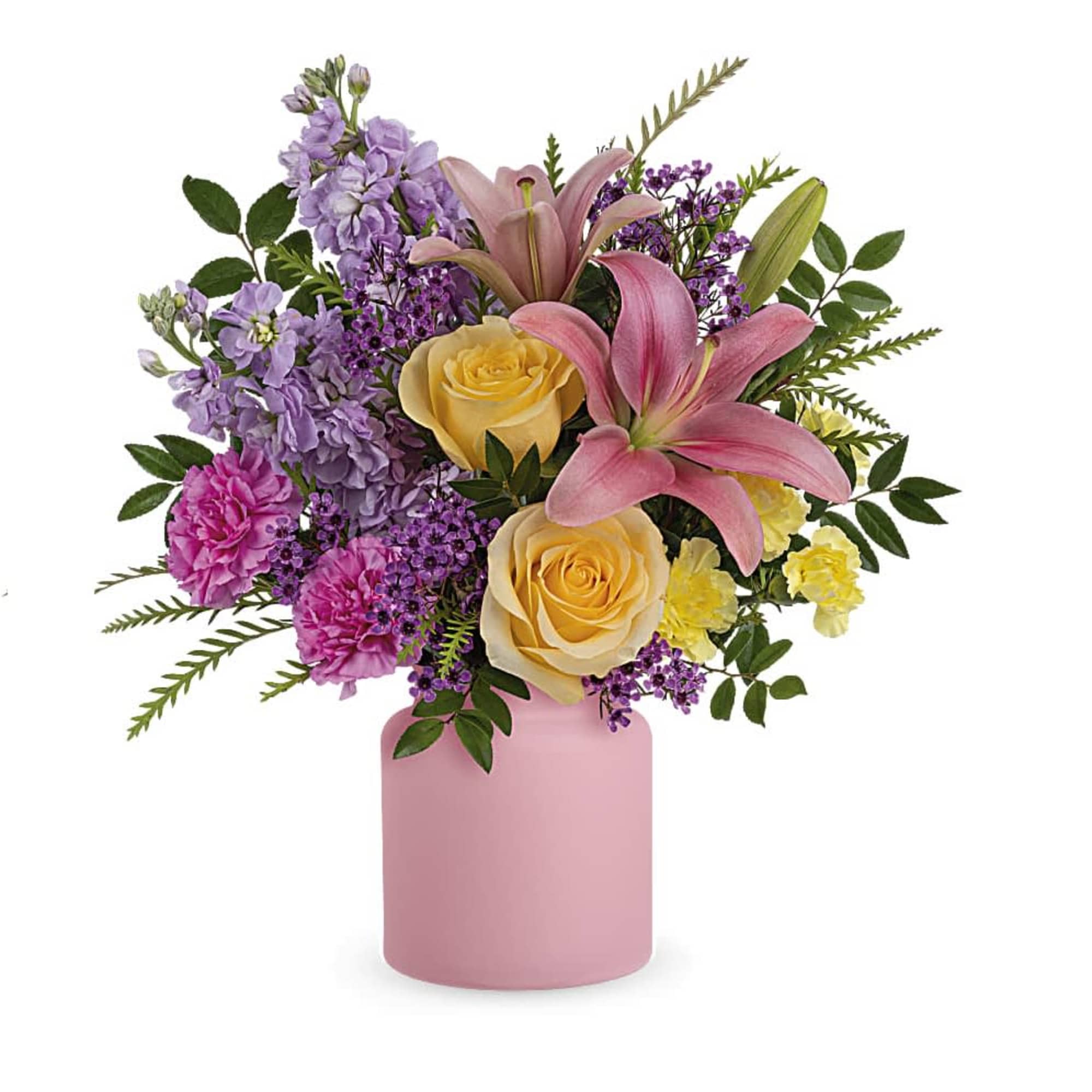 Pink lilies and roses in a pink vase with purple and yellow flowers