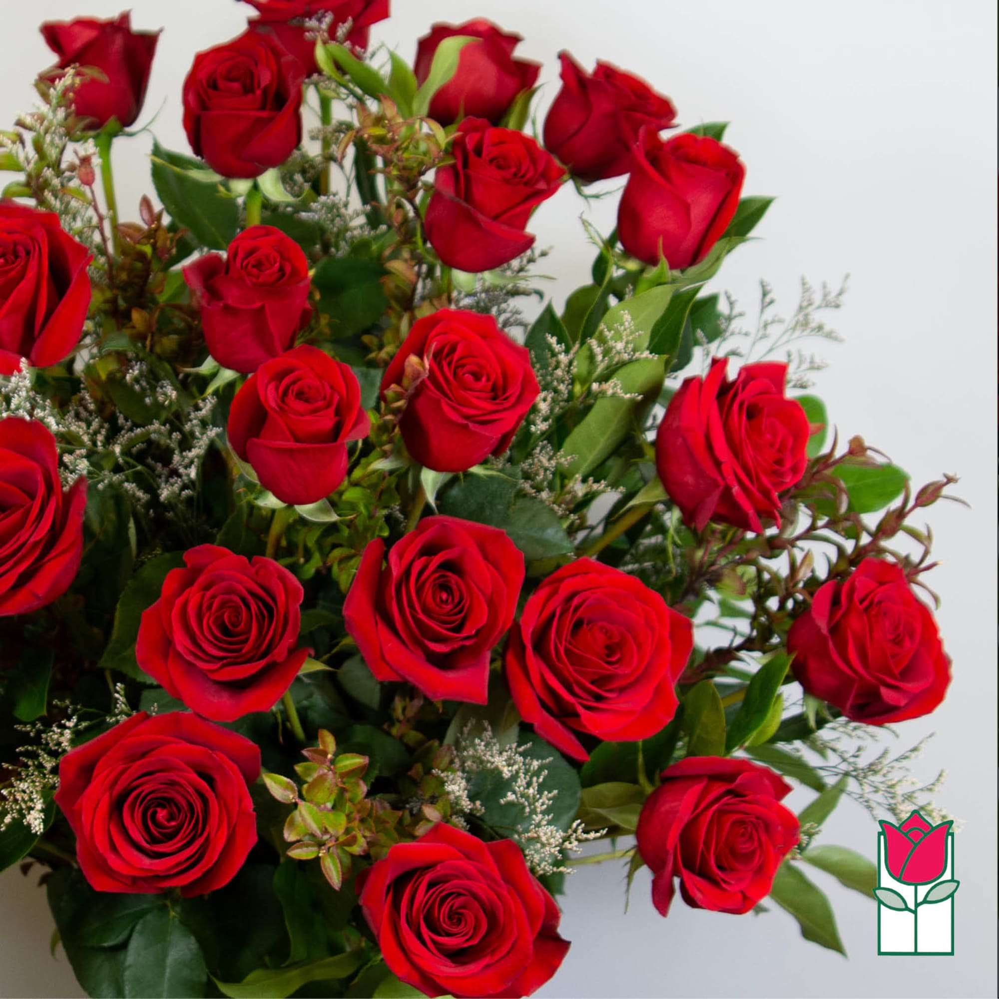 Bouquet of red roses with greenery on a white background
