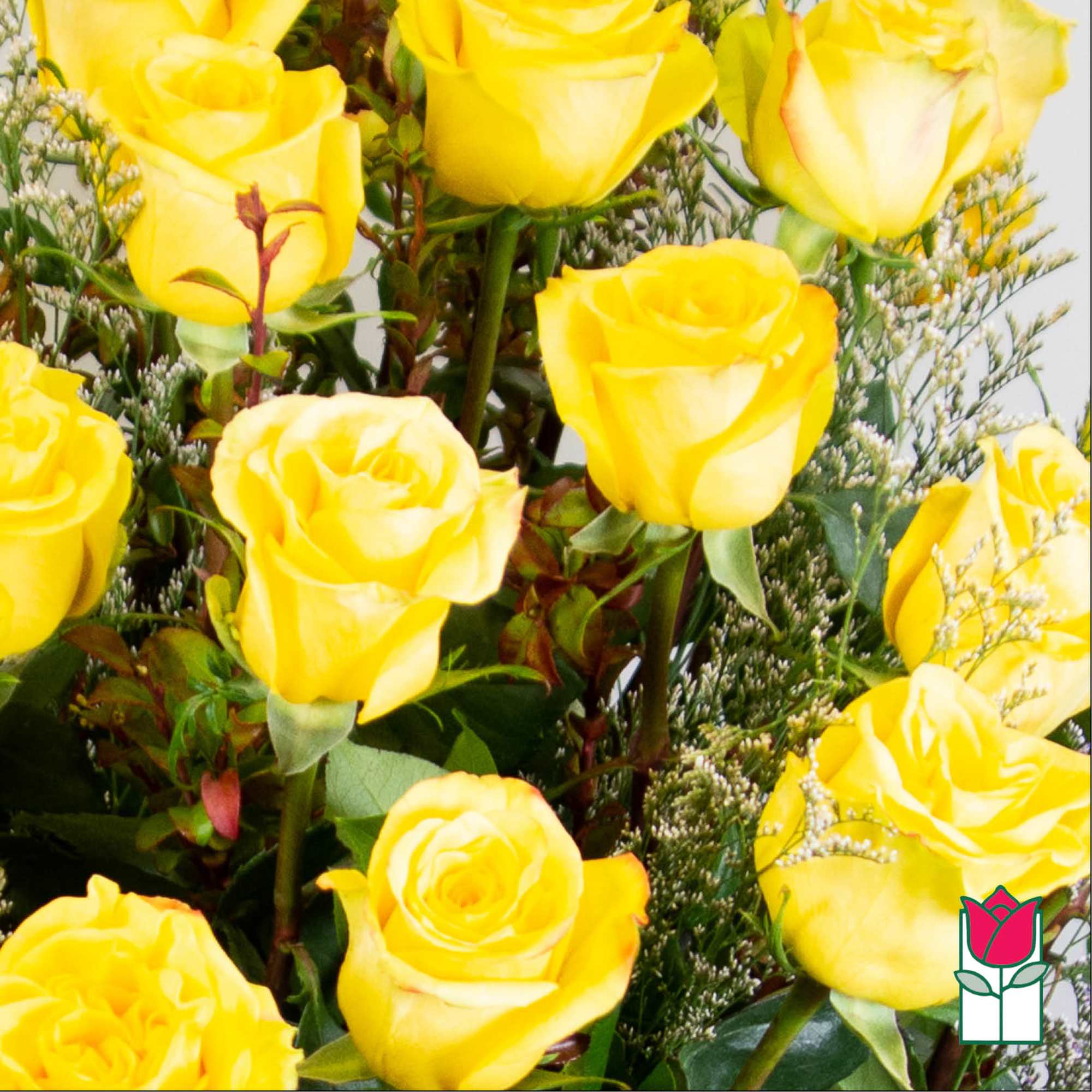 Yellow roses arranged in a dense bouquet