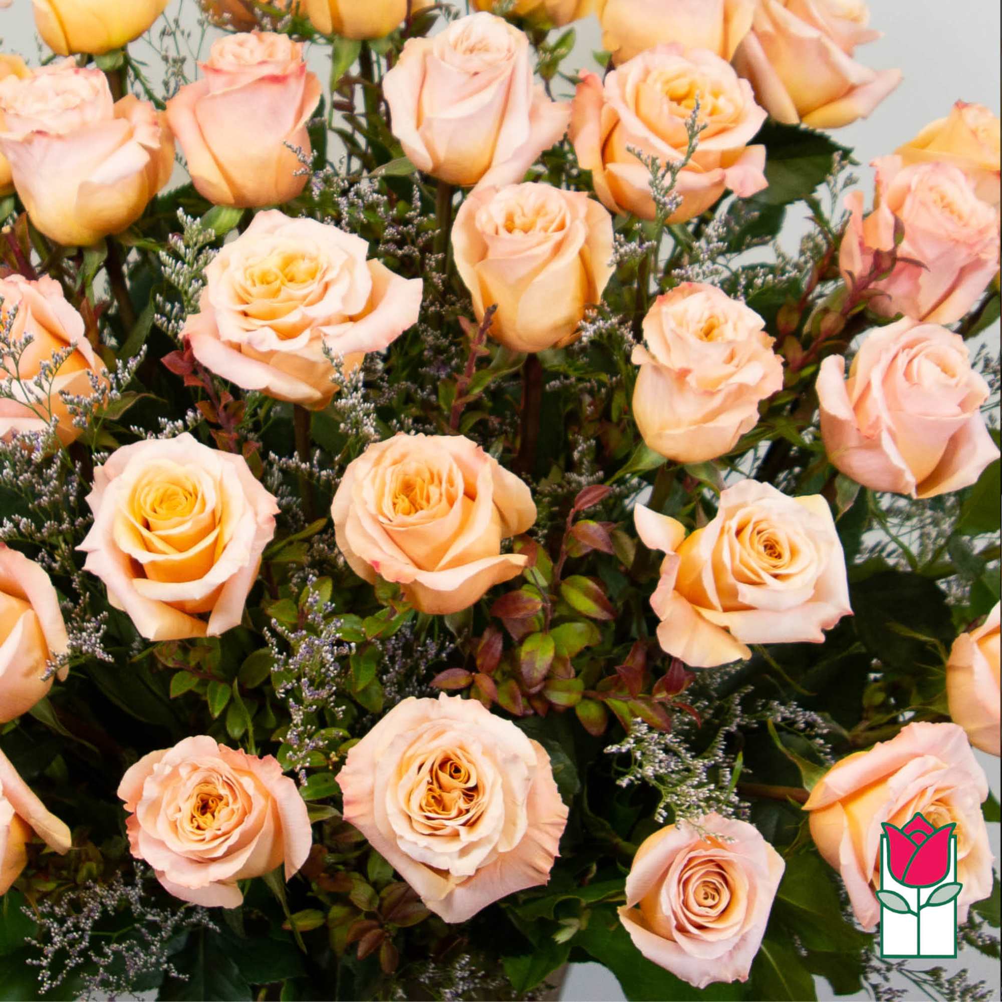 Bouquet of peach roses with small filler flowers
