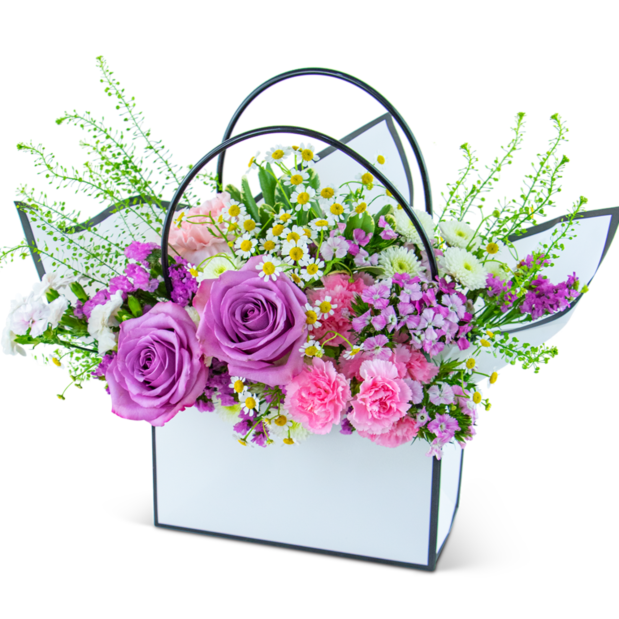 Basket of purple roses, pink carnations, and white daisies