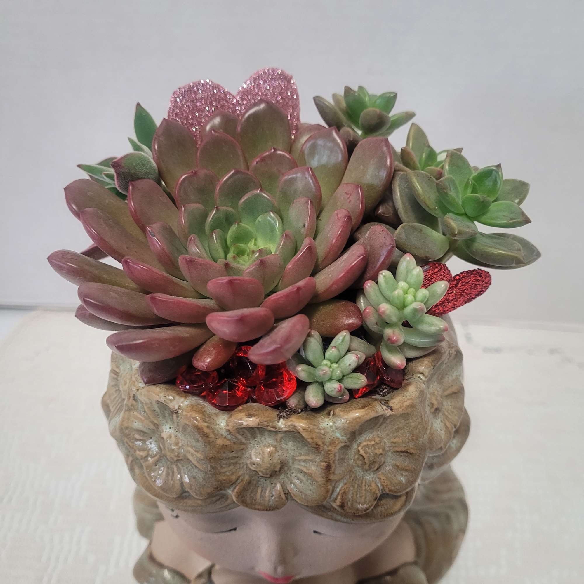 Succulent arrangement in a decorative ceramic planter shaped like a face