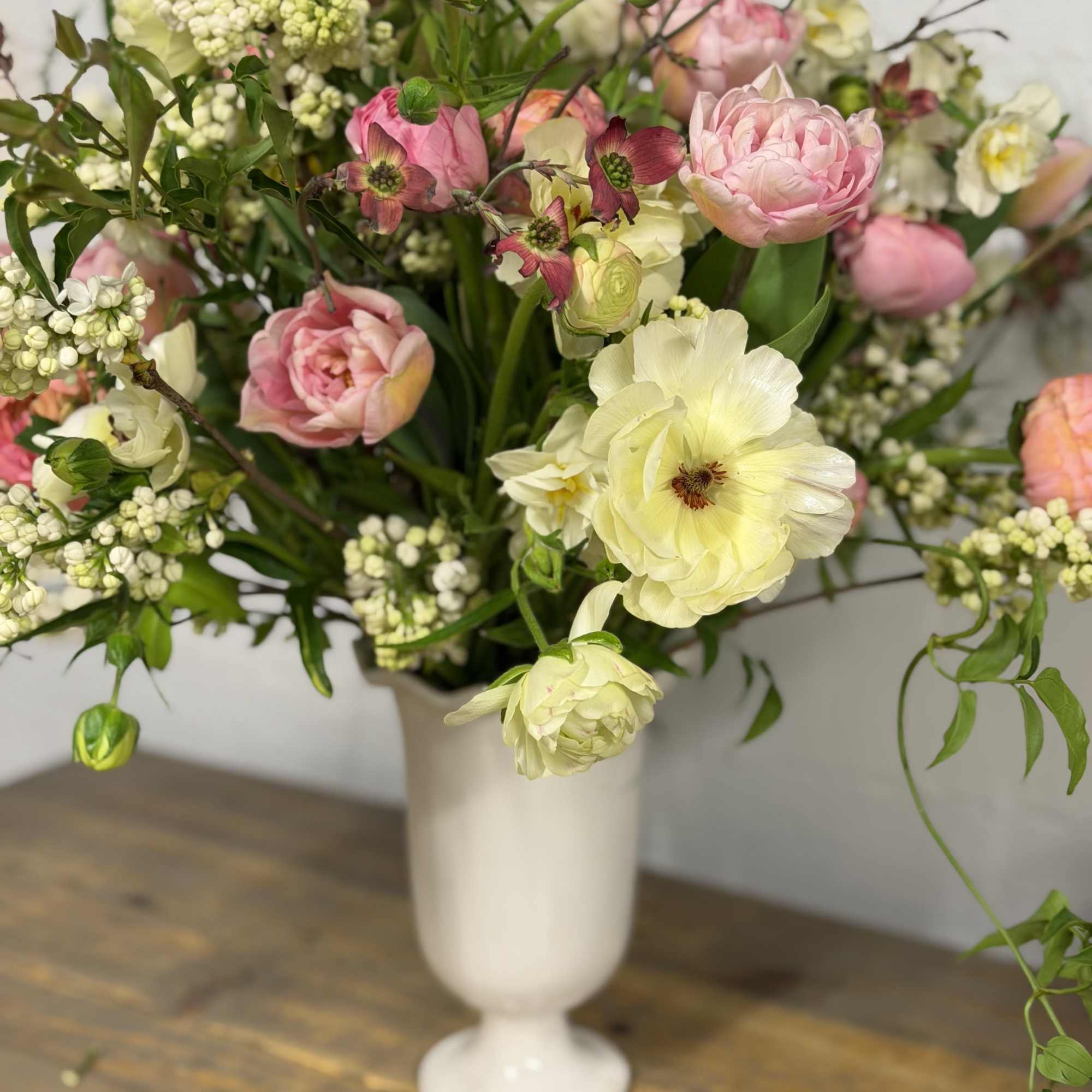 This beautiful arrangements is filled with fresh local Oregon flowers.  Lilac