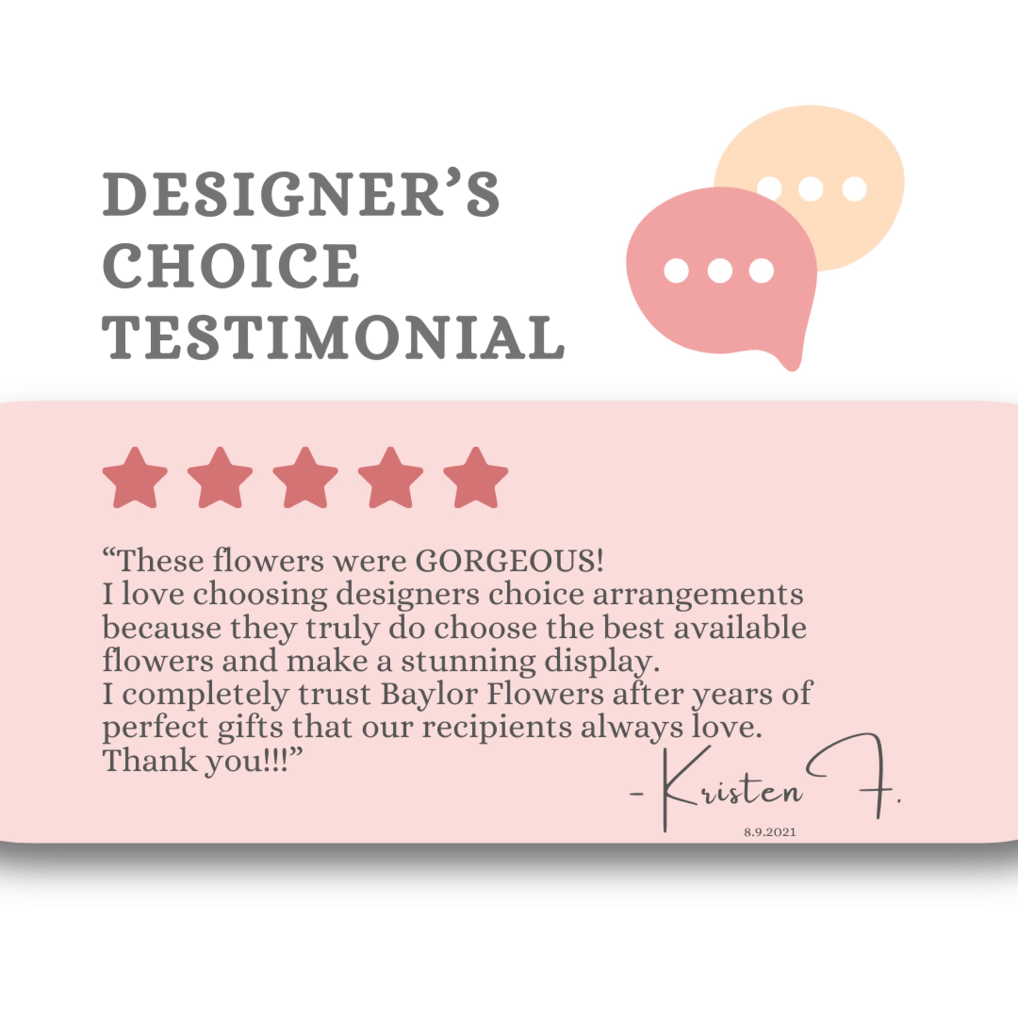 Designer’s Choice Testimonial graphic with five stars and a customer quote