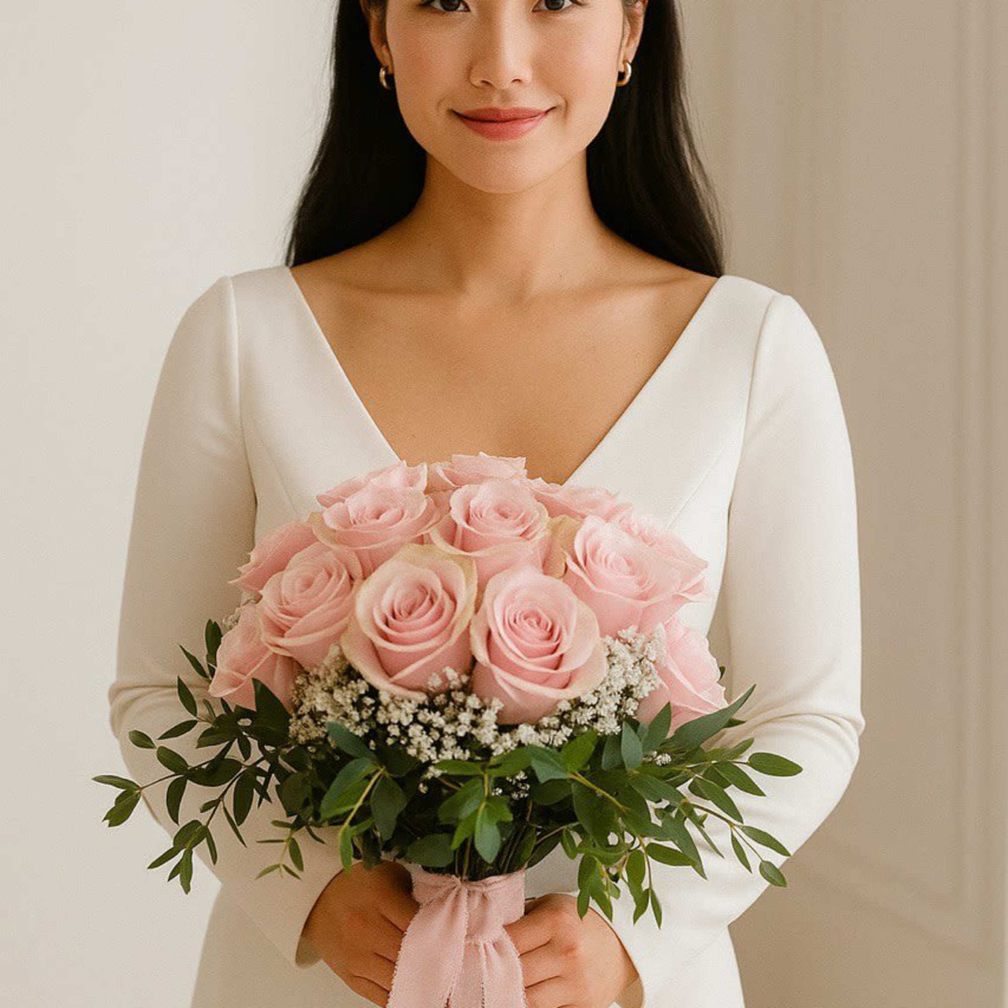Bride holding a bouquet of pale pink roses with a pink ribbon