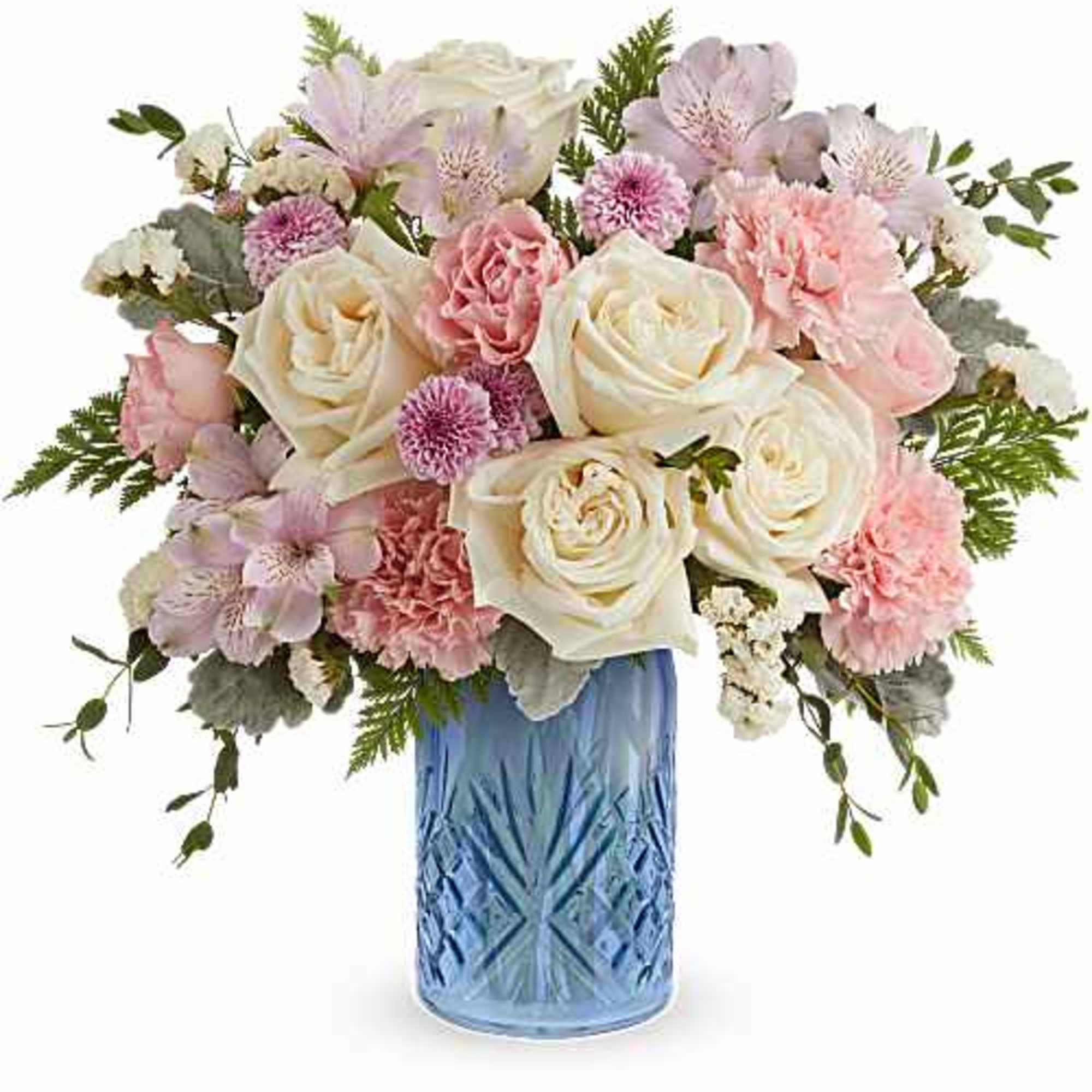 Blue Belle Bouquet features white roses, pink spray roses, lavender alstroemeria, pink