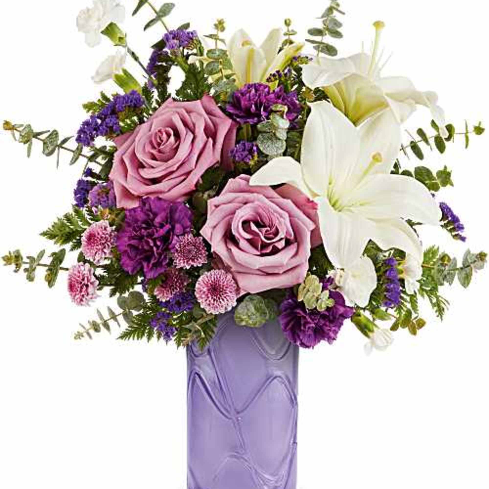 Mauvelous Bloom Bouquet features lavender roses, white asiatic lilies, purple carnations, miniature
