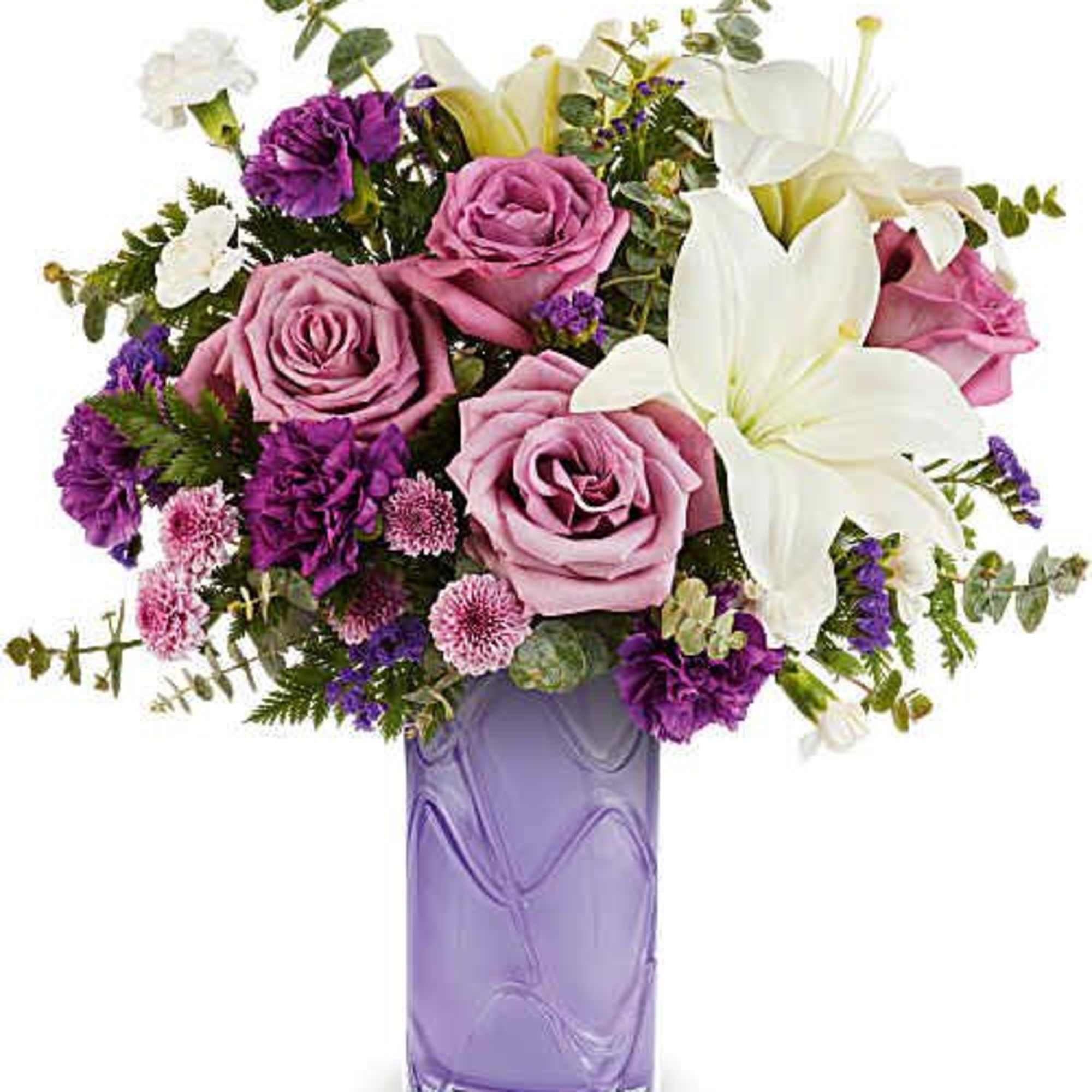 Mauvelous Bloom Bouquet features lavender roses, white asiatic lilies, purple carnations, miniature