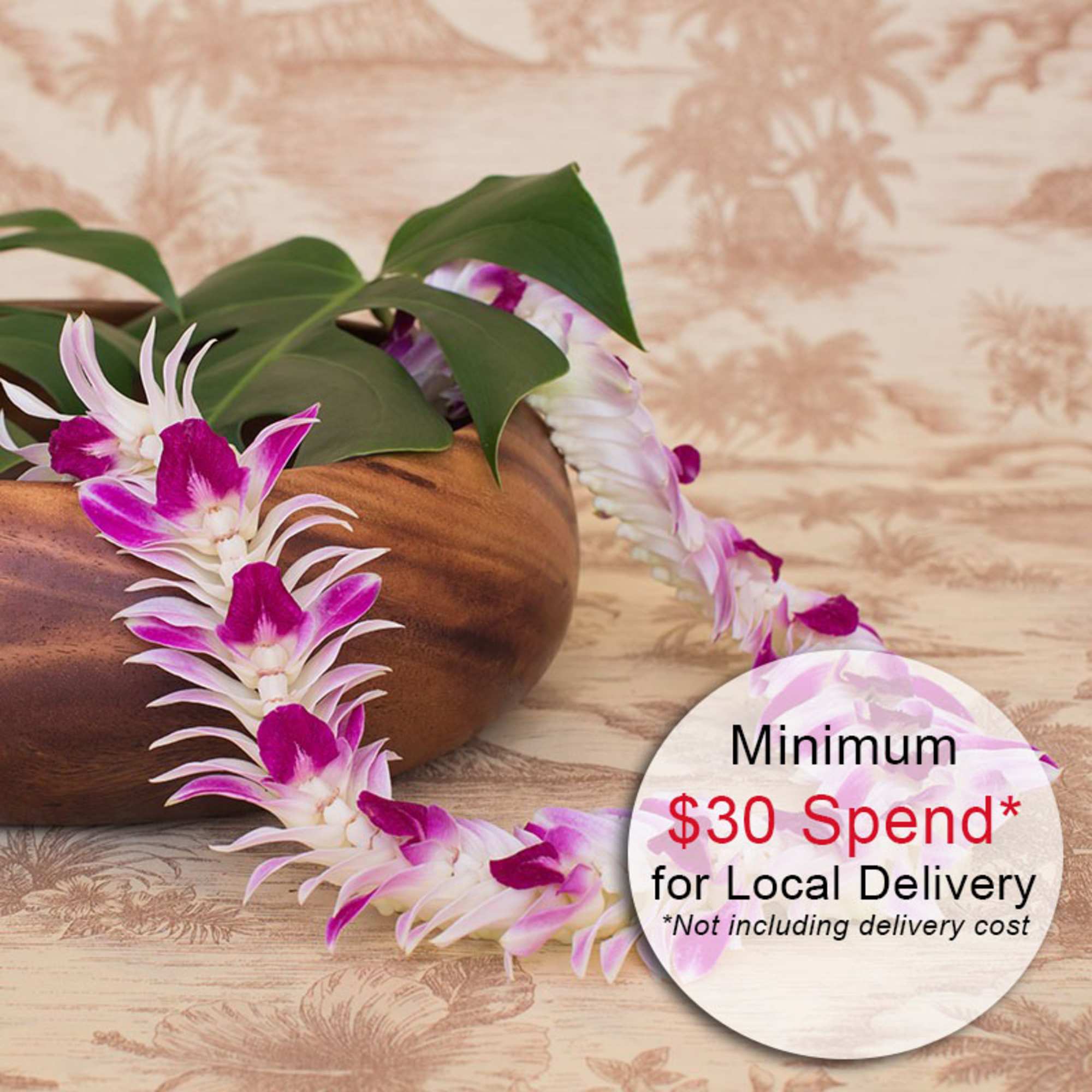 Purple and white orchid lei draped from a wooden bowl on a tropical patterned surface