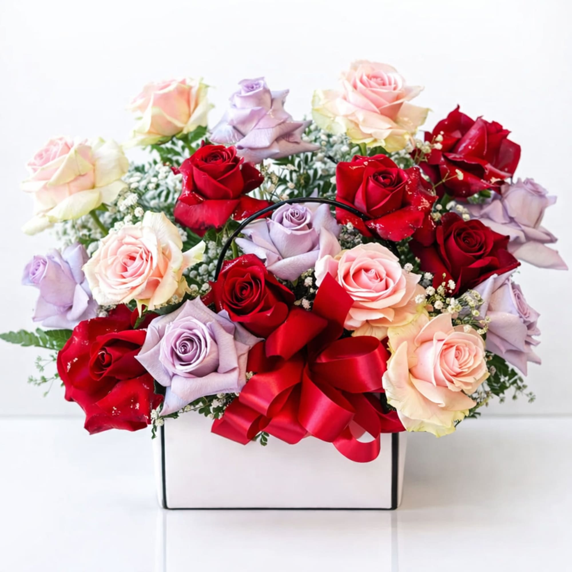 Mixed roses in red, pink, and lavender arranged in a white box with a red ribbon