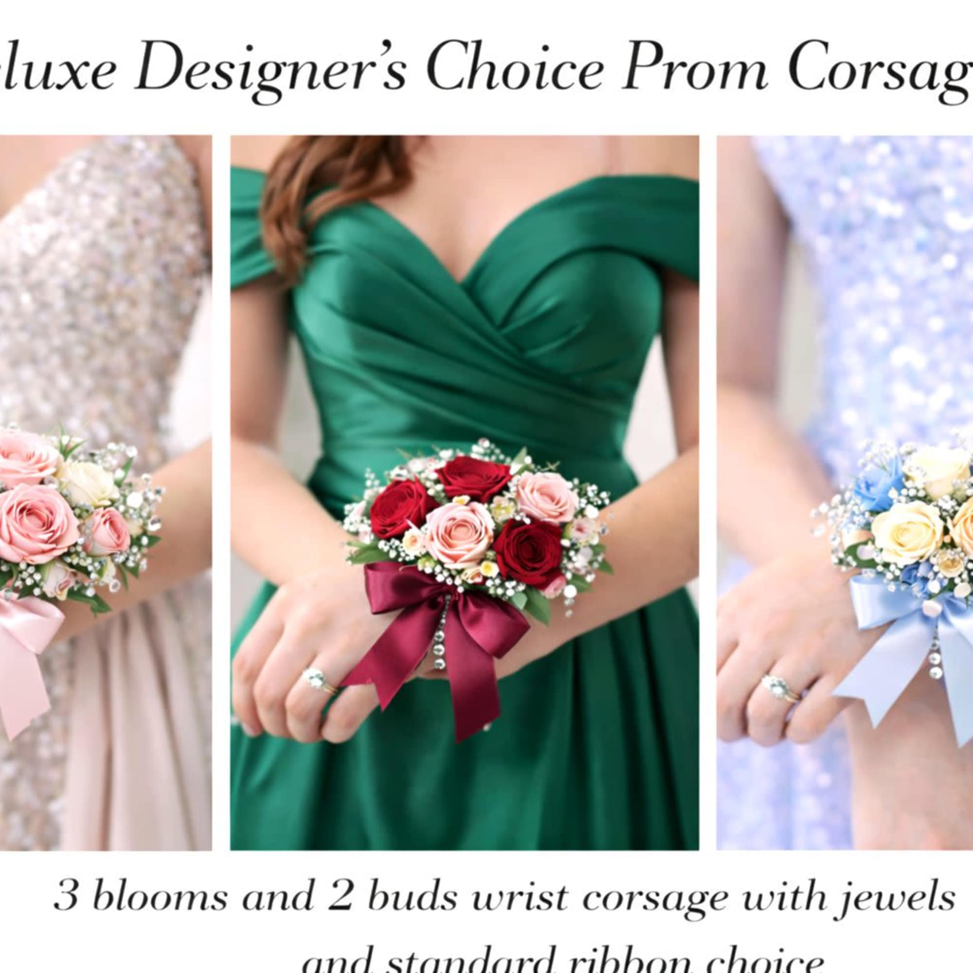 Complete your prom look with a beautifully handcraftedDesigner&rsquo;s Choice wrist corsage from