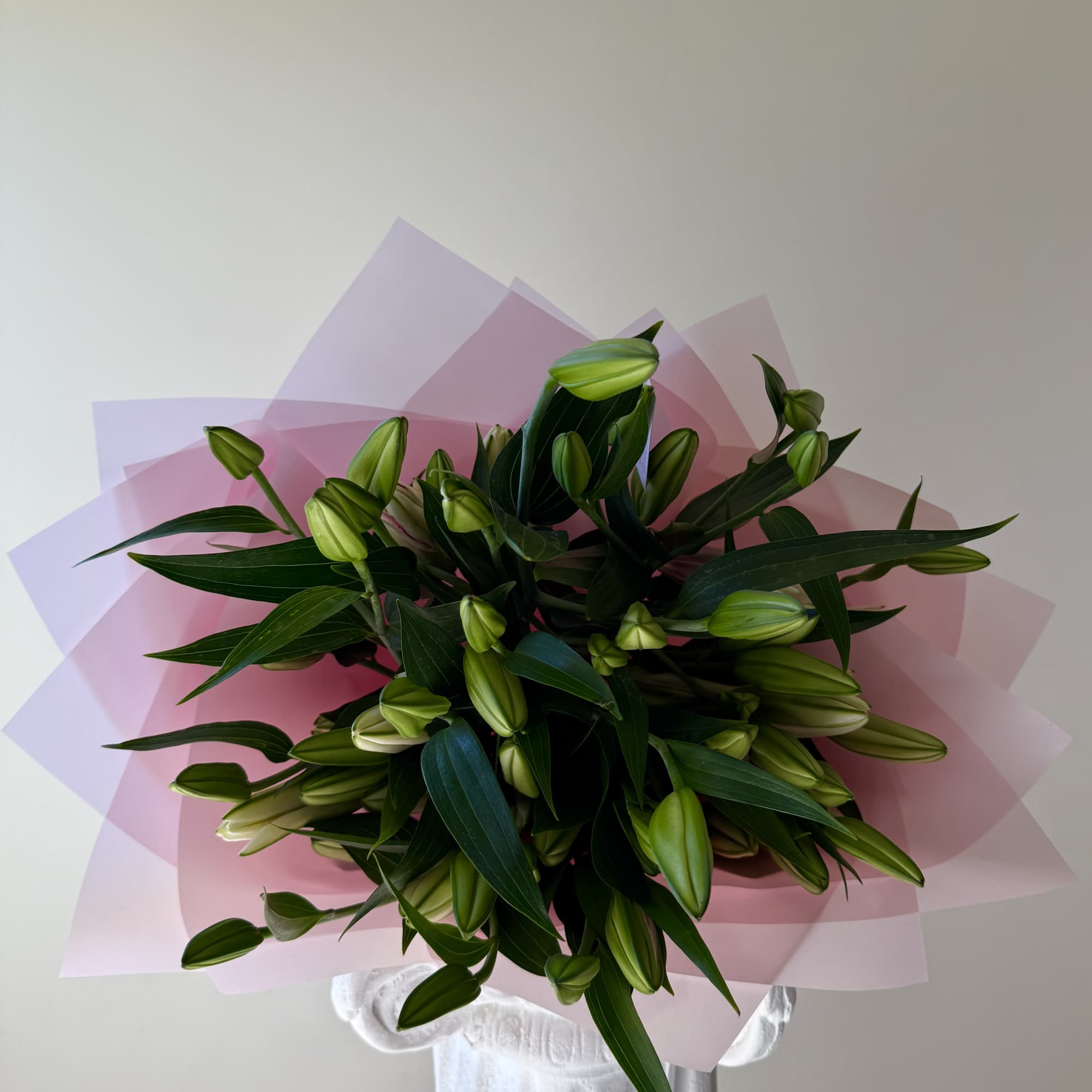 A stunning arrangement of majestic, fragrant oriental lilies, elegantly wrapped in delicate