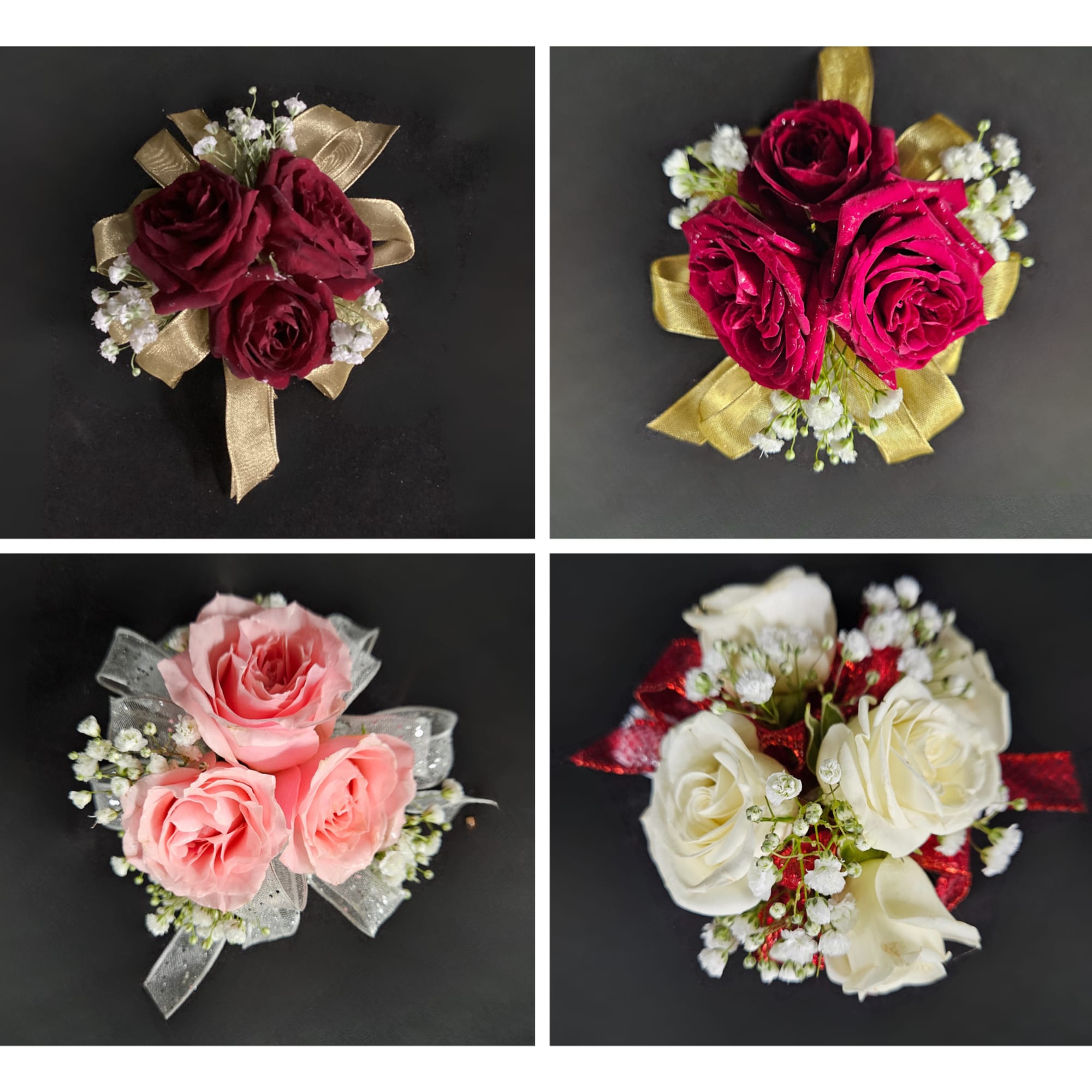 A classic spray rose corsage hand-tied in satin ribbon that compliments any