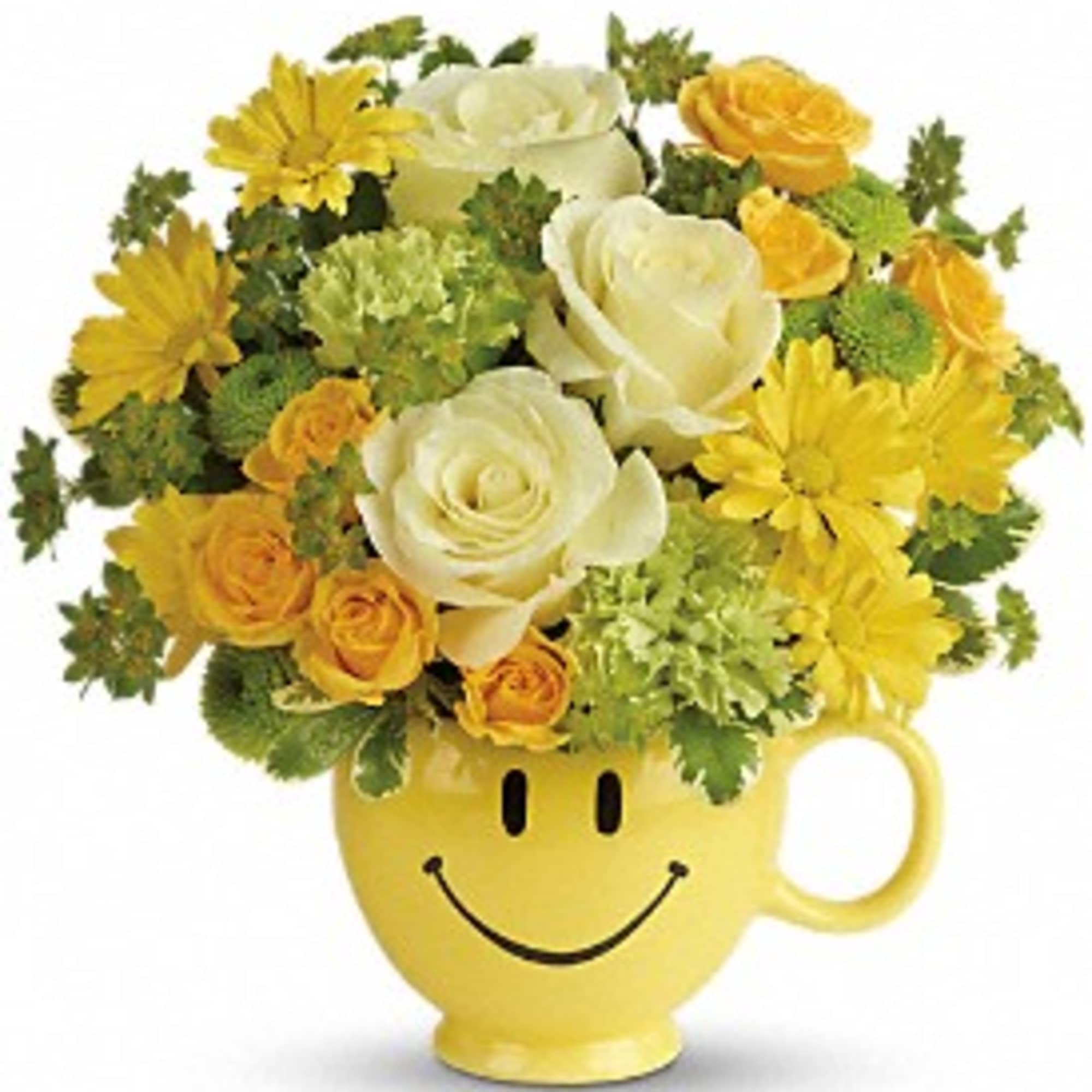 Yellow smiley-face mug holding white and yellow flowers