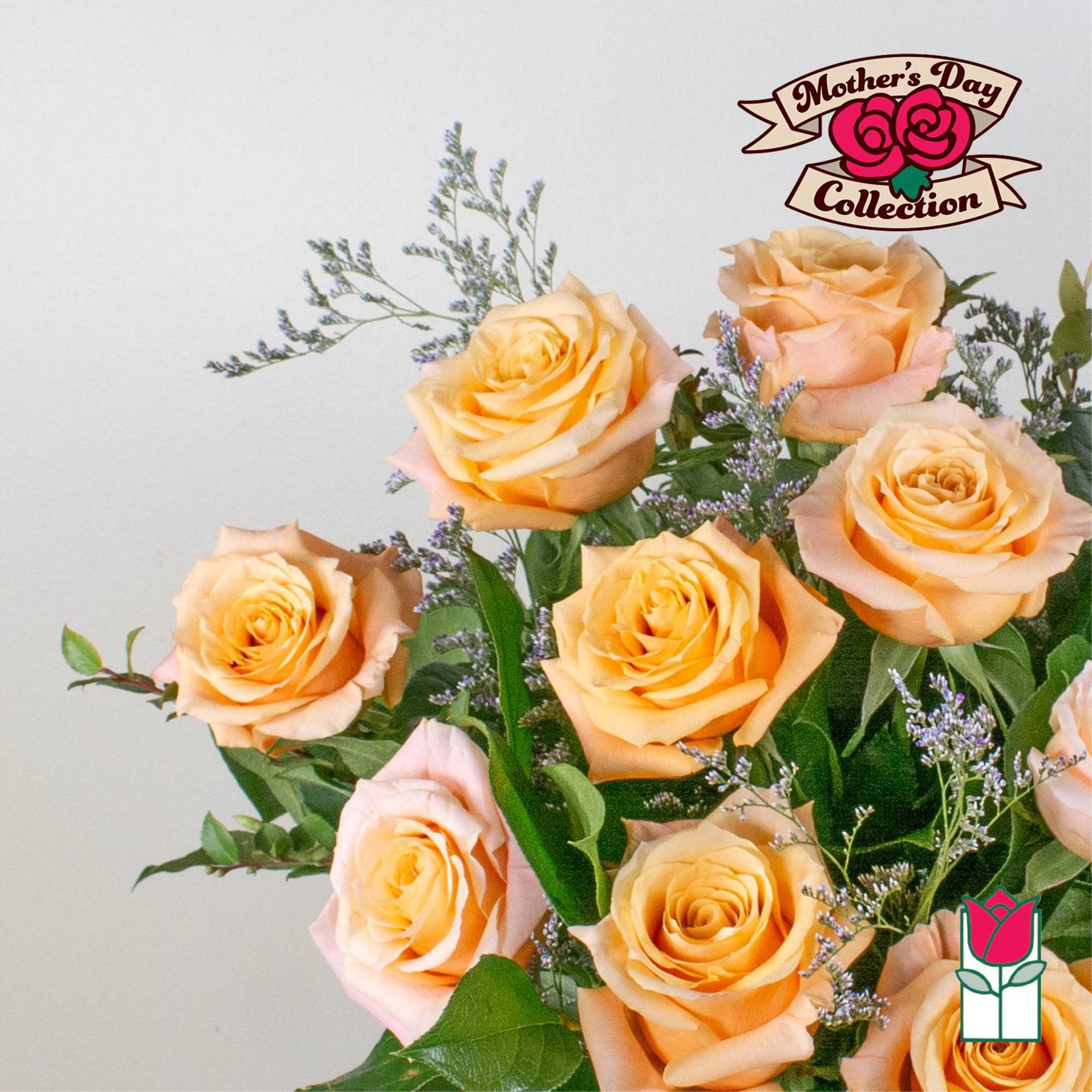 Arrangement of peach roses with small purple filler flowers against a light background